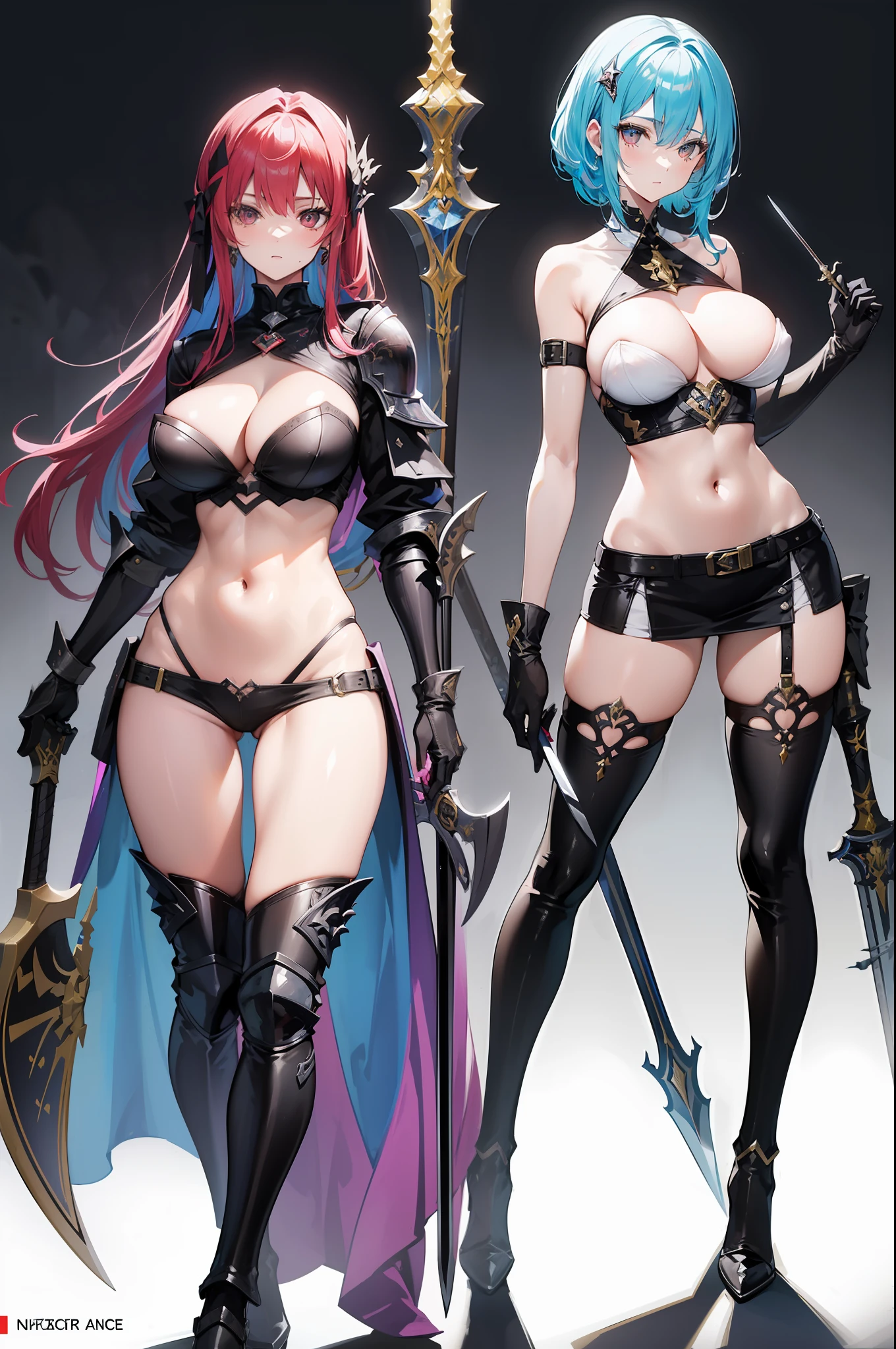 Two stunning female knights with detailed face, flawless features and slender figures vibrant multicolored hair, ample bosoms, huge breasts, detailed erect nipples, standing side by side, wearing sleek leather armor that reveals their toned midriffs, cleavage, and thighs, sexy stockingsy. They stride confidently in high heels and don gloves, wielding a variety of weapons including swords, maces, axes, and shields. The scene exudes a sense of fantasy and takes place in an unpredictable location (NFSW).