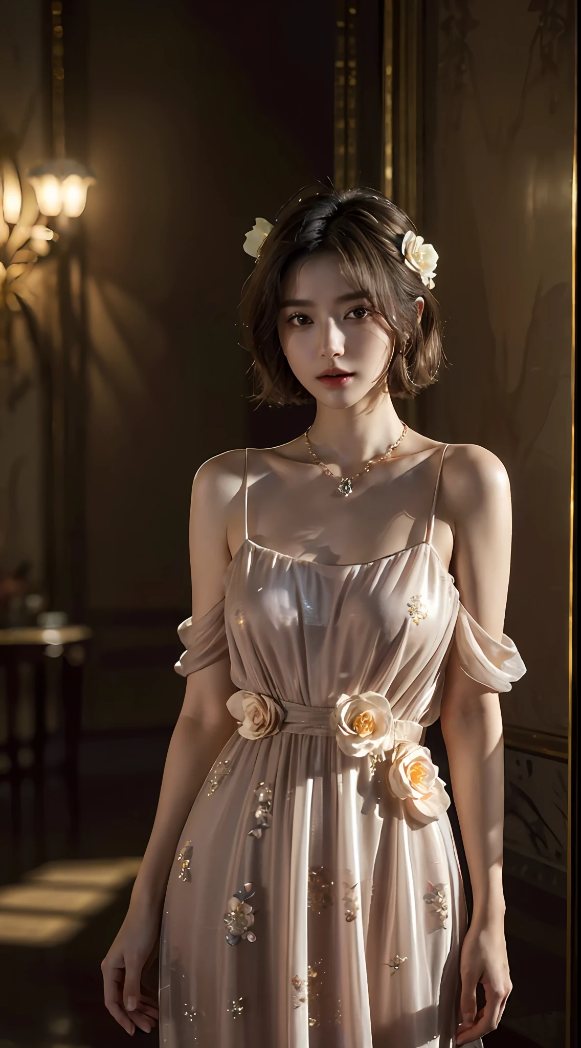 top-quality、masterpiece、超A high resolution、(Photorealsitic:1.5)、Raw foto、1girl in、murky、deep-shadows、Unobtrusive、cold light、Sexy appearance、shorth hair、((very_Short_hair))、((Luxury evening dresses))、((Luxurious painting))、((Luxurious necklace))、((Floral hair ornament))、((hair_ornament detached))
