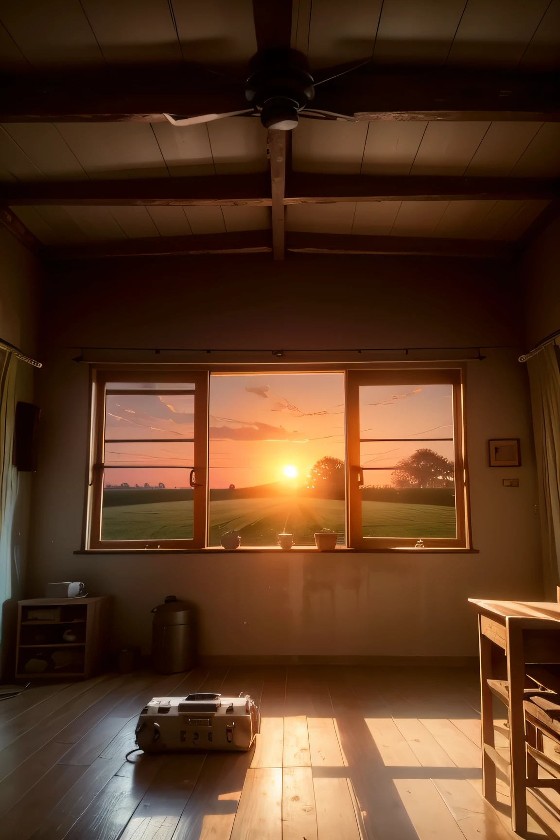 A ROOM IN A HUMBLE HOUSE WITH A RUSTIC TABLE WITH AN OLD BATTERY RADIO ON TOP. RURAL ENVIRONMENT. REAL IMAGE WITH NATURAL SUNSET LIGHTING.