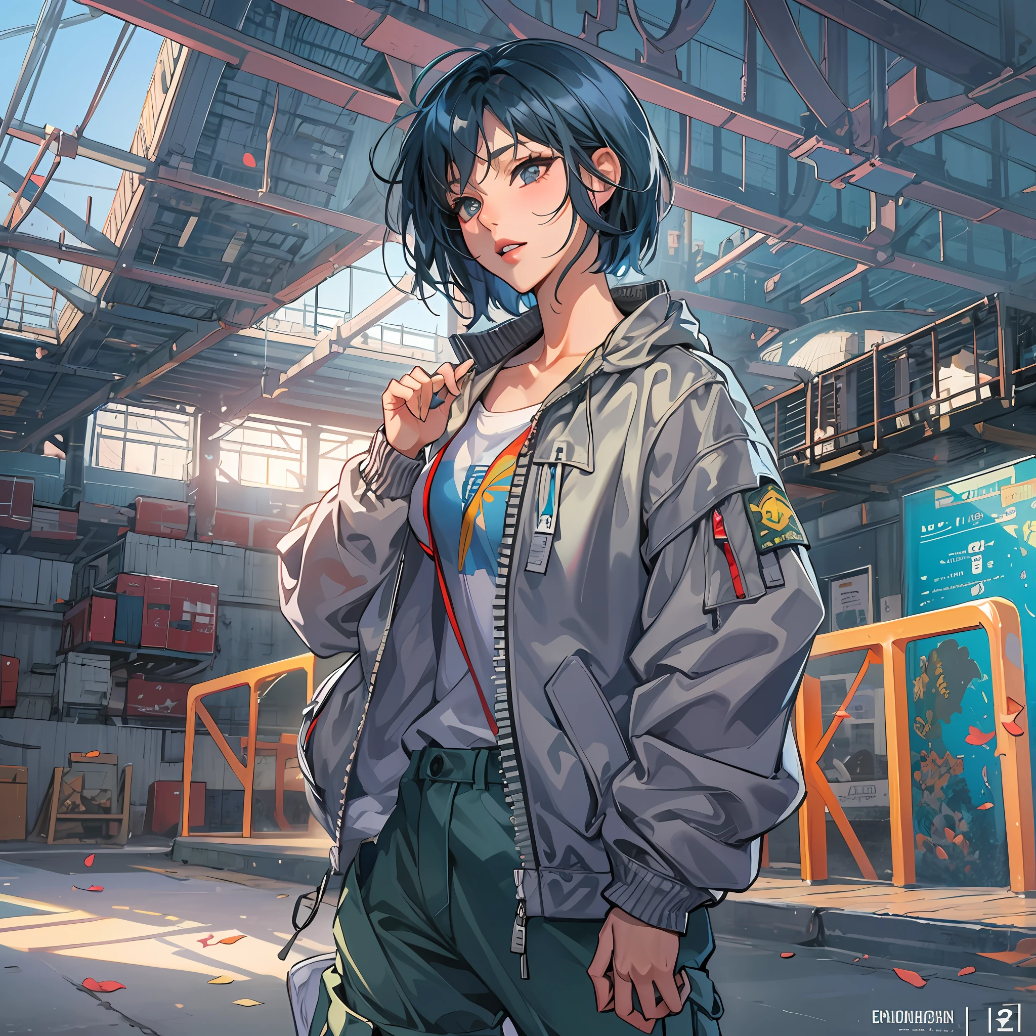 Req:[masterpiece, high resolution, extremely detailed, anime_style, CG, A beautiful woman short dark blue hair,tall height,perky mid sized breast,seductive face looking,(wearing oversize windbreaker jacket),cargo pants,nsfw,full body shot,skatepark setting,sunny lighting,bright colours