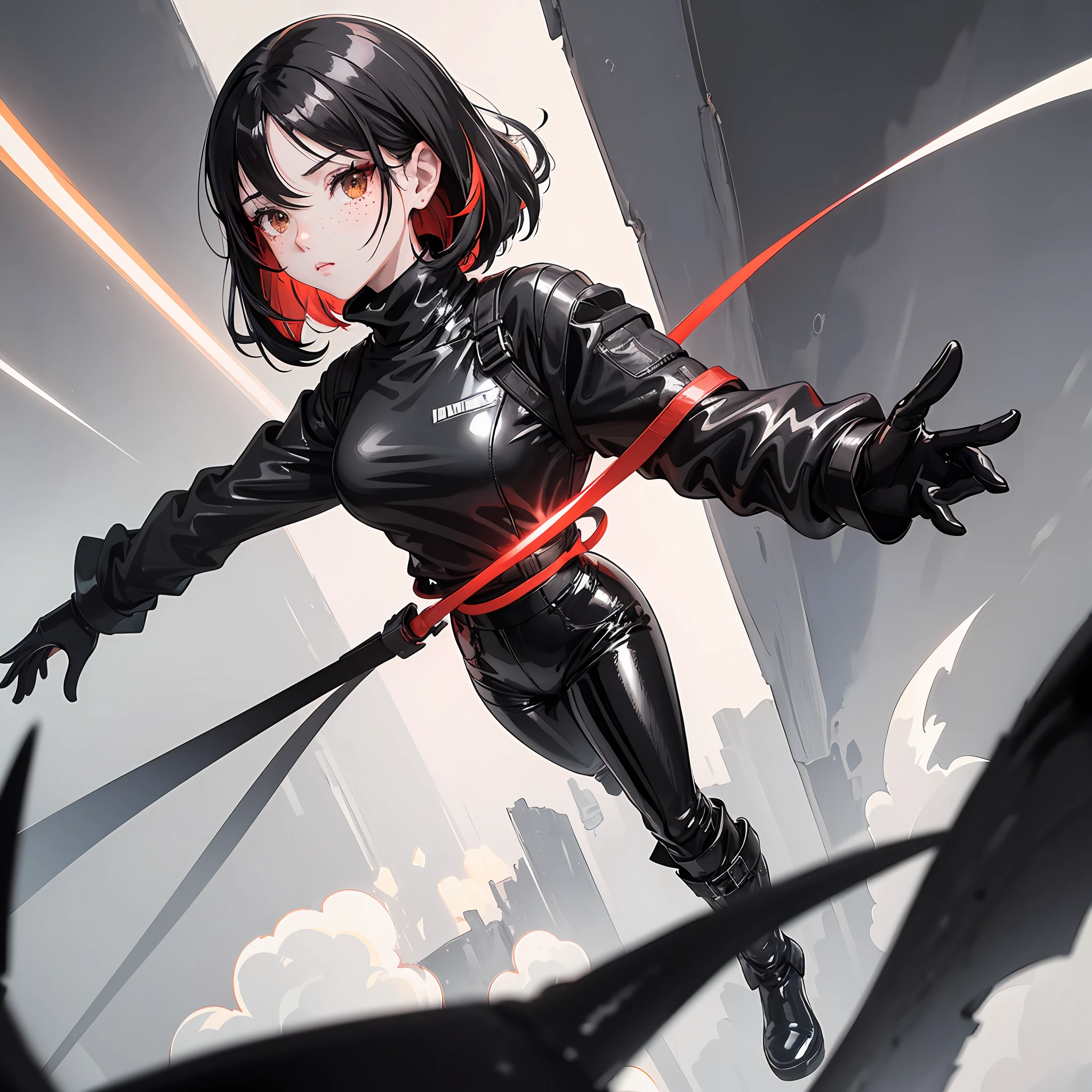 1girl, solo, Black costume, black gloves, short red hair, highlighted hair, shiny black boots, freckles, latex clothing, pants, turtleneck shirt, long sleeve shirt, shiny gloves, wet hair,white backgroud , gray clouds, Empty hands, background only white sky and gray clouds