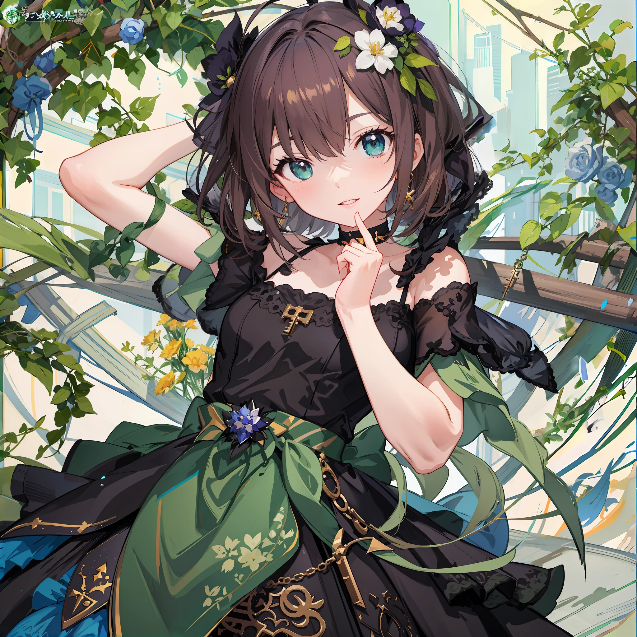 Anime girl wearing black dress，Green dress and flower crown, Kawasi, loli in dress, Official artwork, shadowverse style, Official anime artwork, Anime moe art style, high detailed official artwork, Detailed key anime art, offcial art, cute anime waifu in a nice dress, Also, a beautiful anime portrait, From Arknights