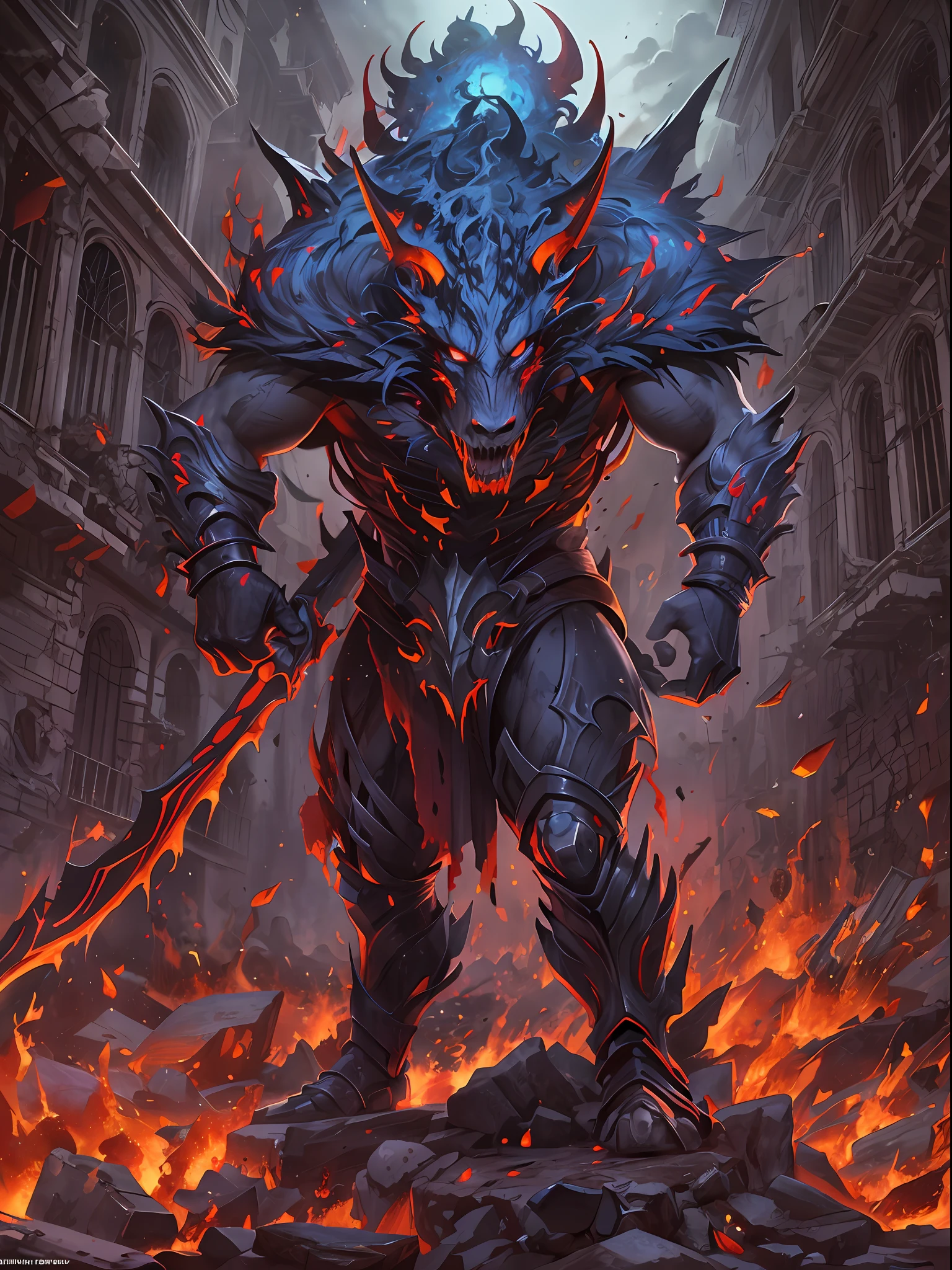 Hombre grande,marcas y simbolos por el cuerpo,pelo largo y  lanco,capucha roja,Espada gigante de almas en pena,oscuro,almas,guantes demoniacos,armadura masiba,armadura de almas en pena,demonio, Fuego, caballo infernal de fuego y lava,ojos rojos,ojos azules brillante, infierno, apocalyptic,fin del mundo, Lado oscuro,ruina, guerra, Darksiders , ERA (Darksiders), obra dearte,guerrero,enviado del infierno,Horseman of the Apocalypse,muerte,sangre,destruccion,hambre,lucha,furia,ciudad debastada,edificios en ruinas,calles destruidas,pobo y particulas en el aire