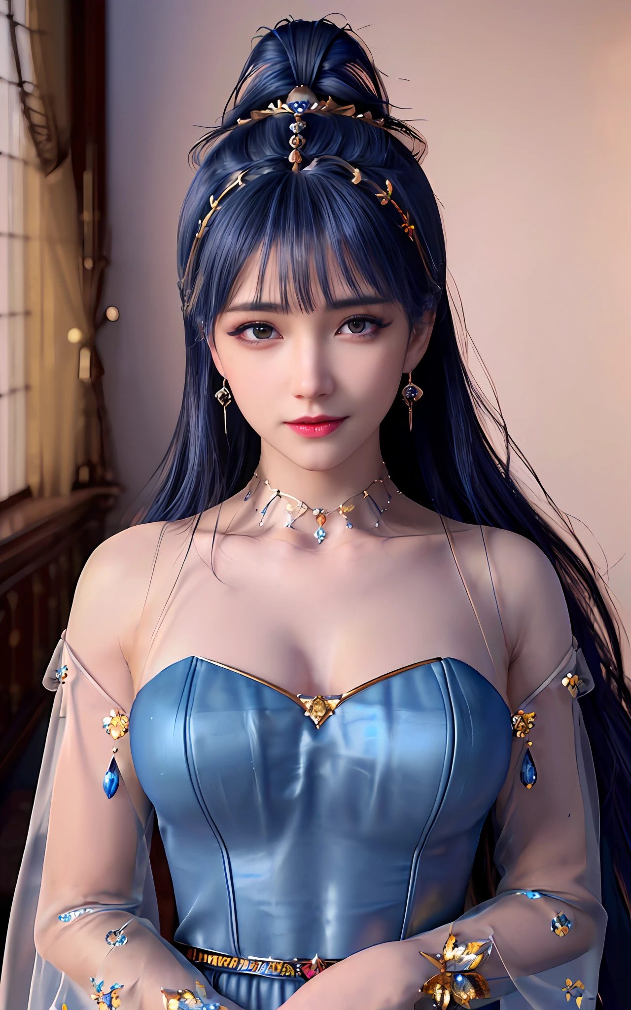 ((realisticity: 1.2)), ((best resolution: 8K UHD)), best quality,masterpiece,highres,cg,
((1 super detailed and super realistic girl)), ((very beautiful queen dazzling, super realistic, and super detailed)), long hair, ((super realistic and super detailed dress)), solo, ((super realistic, super beautiful, gorgeous and super detailed jewelry)), ((super beautiful, super realistic and super detailed dark blue and golden yellow dress)),
((super beautiful, super realistic, super detailed diamond filled earrings)),
((super beautiful, super realistic and super detailed diamond filled hair ornament)), ((super beautiful upper body, super beautiful, super realistic and super detailed)), ((super grand, super realistic and super detailed royal palace backgroun))
((super beautiful, super beautiful, super realistic and super detailed hair bun)), ((super beautiful, super realistic and super detailed blue hair)),
candid, Photograph, high resolution, 8k,Bokeh,