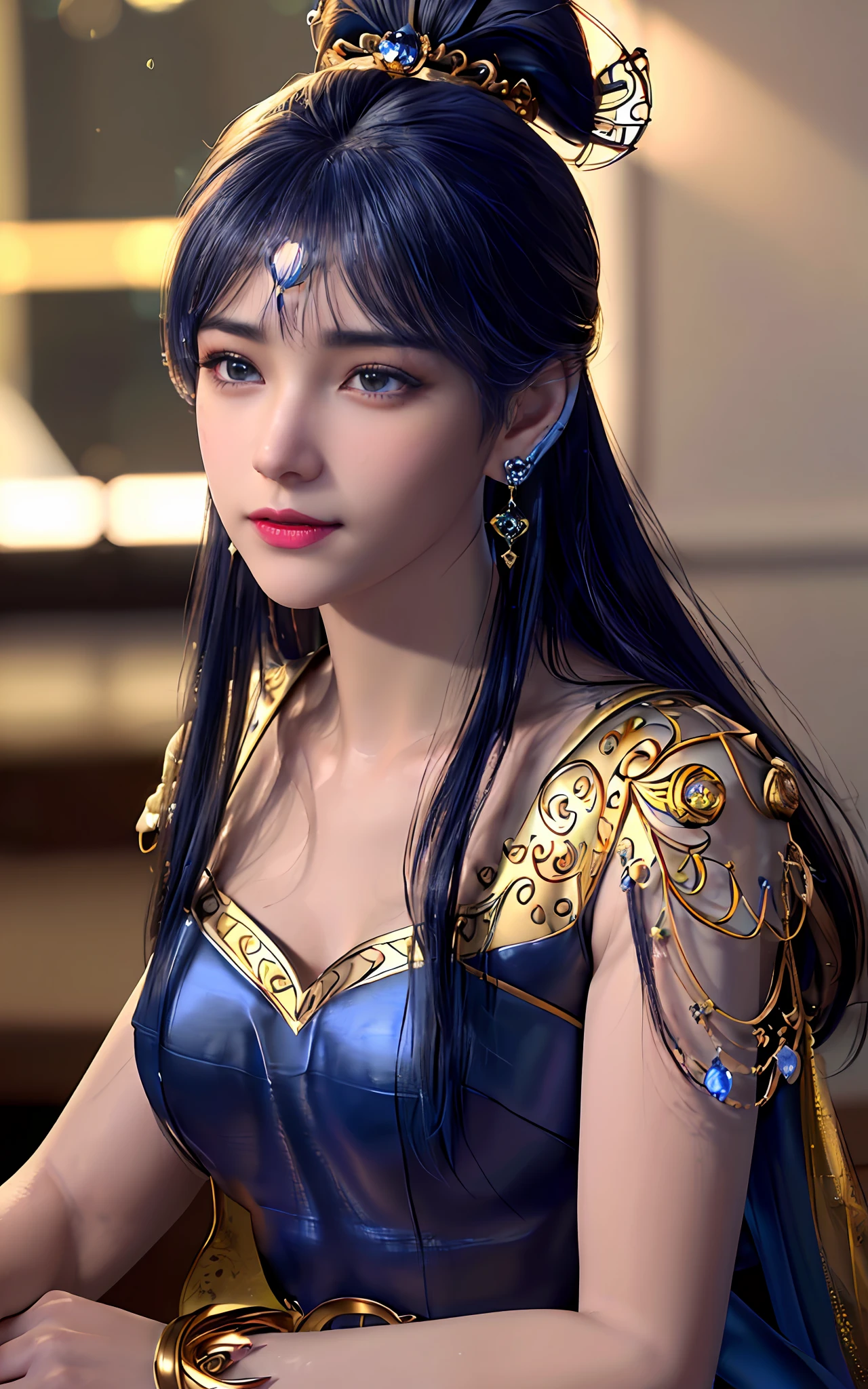 ((realisticity: 1.2)), ((best resolution: 8K UHD)), best quality,masterpiece,highres,cg,
((1 super detailed and super realistic girl)), ((very beautiful queen dazzling, super realistic, and super detailed)), long hair, ((super realistic and super detailed dress)), solo, ((super realistic, super beautiful, gorgeous and super detailed jewelry)), ((super beautiful, super realistic and super detailed dark blue and golden yellow dress)),
((super beautiful, super realistic, super detailed diamond filled earrings)),
((super beautiful, super realistic and super detailed diamond filled hair ornament)), ((super beautiful upper body, super beautiful, super realistic and super detailed)), ((super grand, super realistic and super detailed royal palace backgroun))
((super beautiful, super beautiful, super realistic and super detailed hair bun)), ((super beautiful, super realistic and super detailed blue hair)),
candid, Photograph, high resolution, 8k,Bokeh,