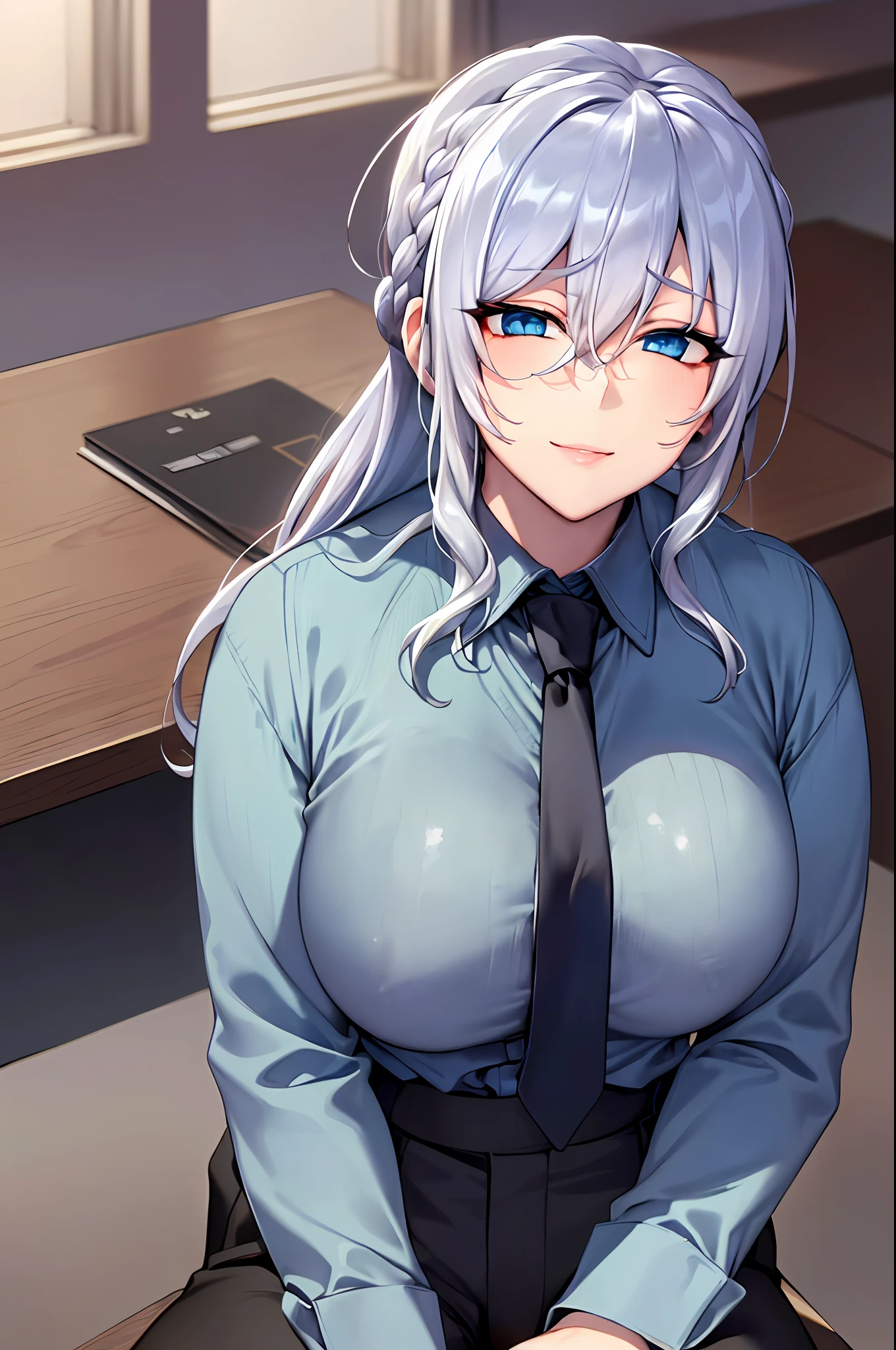 ((masterpiece)), (best quality), beautiful, extremely detailed face, perfect lighting,ultra-detailed,((expressionless)),((cold attitude)),((tsurime)),((tareme)),breasts,((Mature female)),((yukino, long hair, smile, bangs, (big breasts:1.2), braid, silver hair, braided ponytail, blue eyes, ringed eyes,
shirt, long sleeves, white shirt, necktie, collared shirt, pants, black pants, formal, suit, black necktie, shirt tucked in, office lady, full body