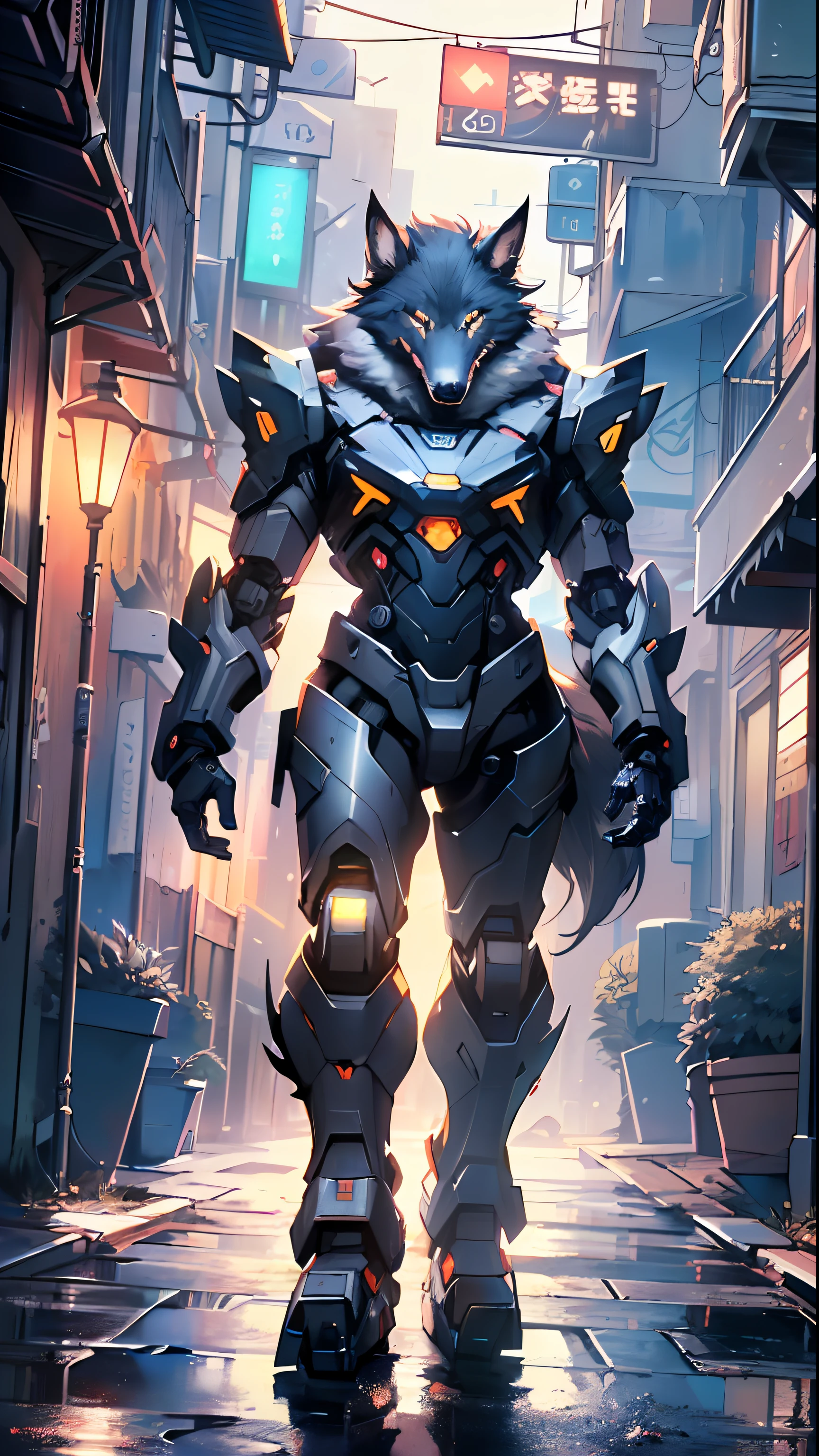 (((A mechanical wolf,cyborg wolf,cyborg-wolf,animal,Mech4nim4lAI [lobo :robot:.5]))) ,

(dynamic pose:1.0),solo focus,centered,scale to fit dimensions,Rule of thirds,

outdoors,((night view)),(cyberpunk night street Background: 1.5,dark sky,alleyway,lonely alley,thick clouds,detailed background:1.25),

(best quality),(high resolution),(sharp focus),(ultra detailed),(extremely detailed),(extremely high quality artwork),8k_wallpaper,(extremely detailed CG 8k),(very fine 8K CG),((hyper super ultra detailed perfect piece)),flawless,(((masterpiece))),illustration,vibrant colors,(intricate),High contrast,Selective lighting,Double exposure,HDR (High Dynamic Range),Post-processing,Background blur,