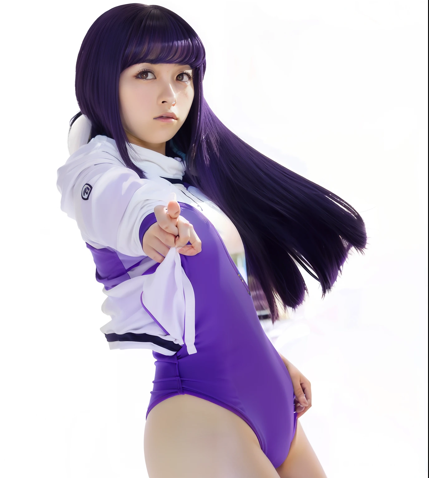 1girl, hinata hyuga, purple swimming suit, line pusy, long hair, purple hair, big boobs, realistic, ultra detail, 70mm lens,