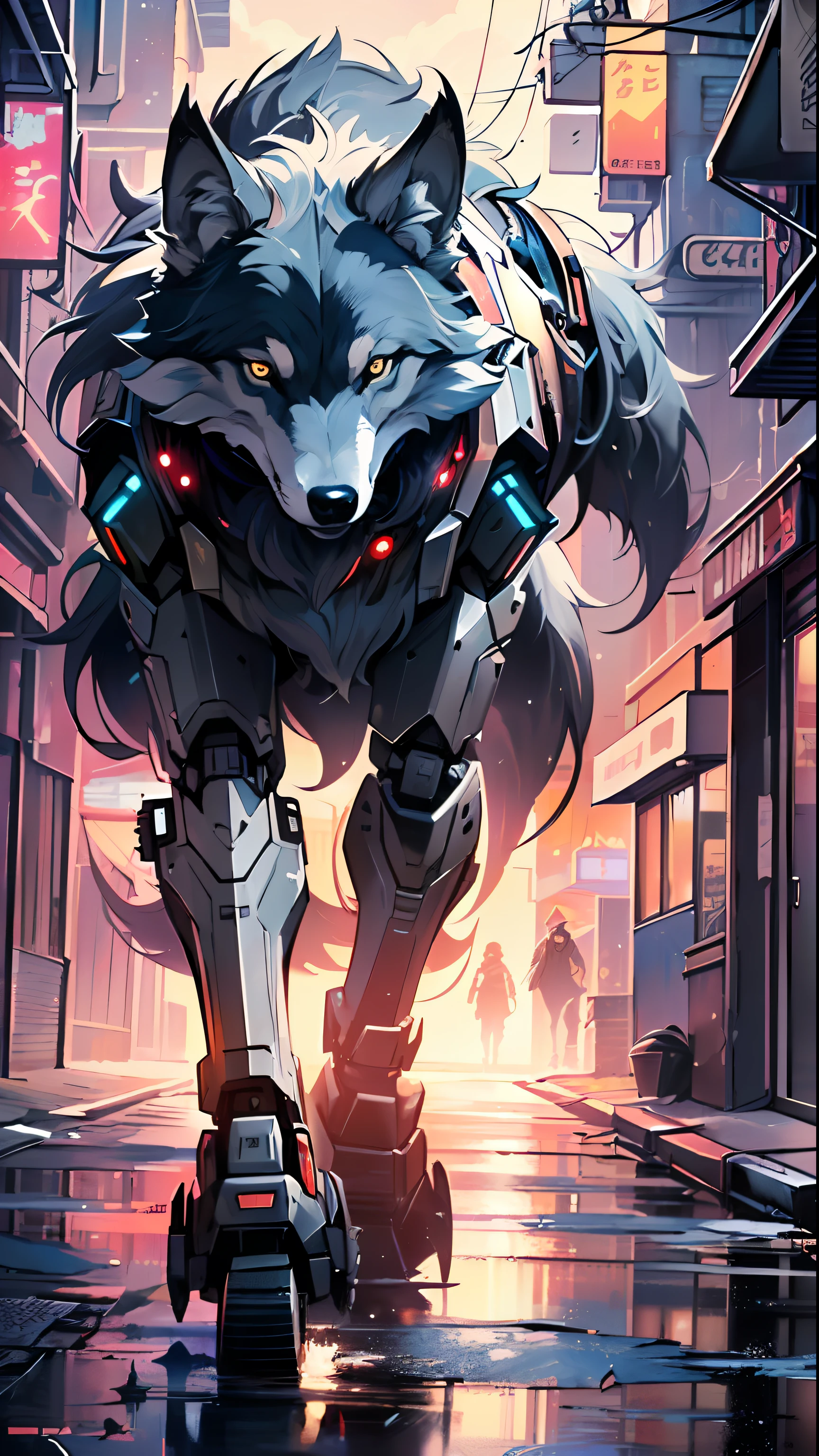 (((A mechanical wolf,cyborg wolf,cyborg-wolf,animal,Mech4nim4lAI [lobo :robot:.5]))) ,

(dynamic pose:1.0),solo focus,centered,scale to fit dimensions,Rule of thirds,

outdoors,((night view)),(cyberpunk night street Background: 1.5,dark sky,alleyway,lonely alley,thick clouds,detailed background:1.25),

(best quality),(high resolution),(sharp focus),(ultra detailed),(extremely detailed),(extremely high quality artwork),8k_wallpaper,(extremely detailed CG 8k),(very fine 8K CG),((hyper super ultra detailed perfect piece)),flawless,(((masterpiece))),illustration,vibrant colors,(intricate),High contrast,Selective lighting,Double exposure,HDR (High Dynamic Range),Post-processing,Background blur,