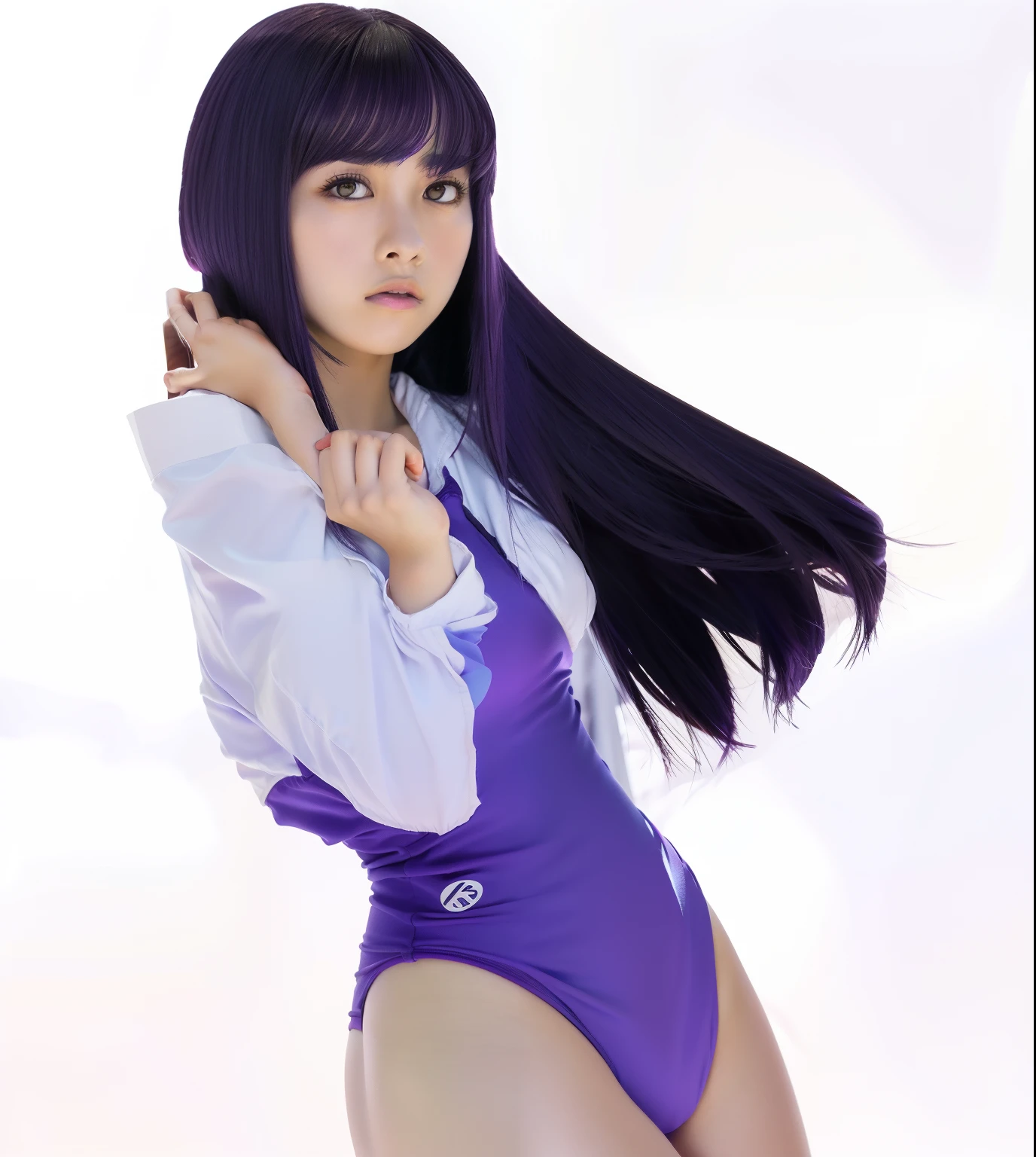 1girl, hinata hyuga, purple swimming suit, line pusy, long hair, purple hair, big boobs, realistic, ultra detail, 70mm lens,