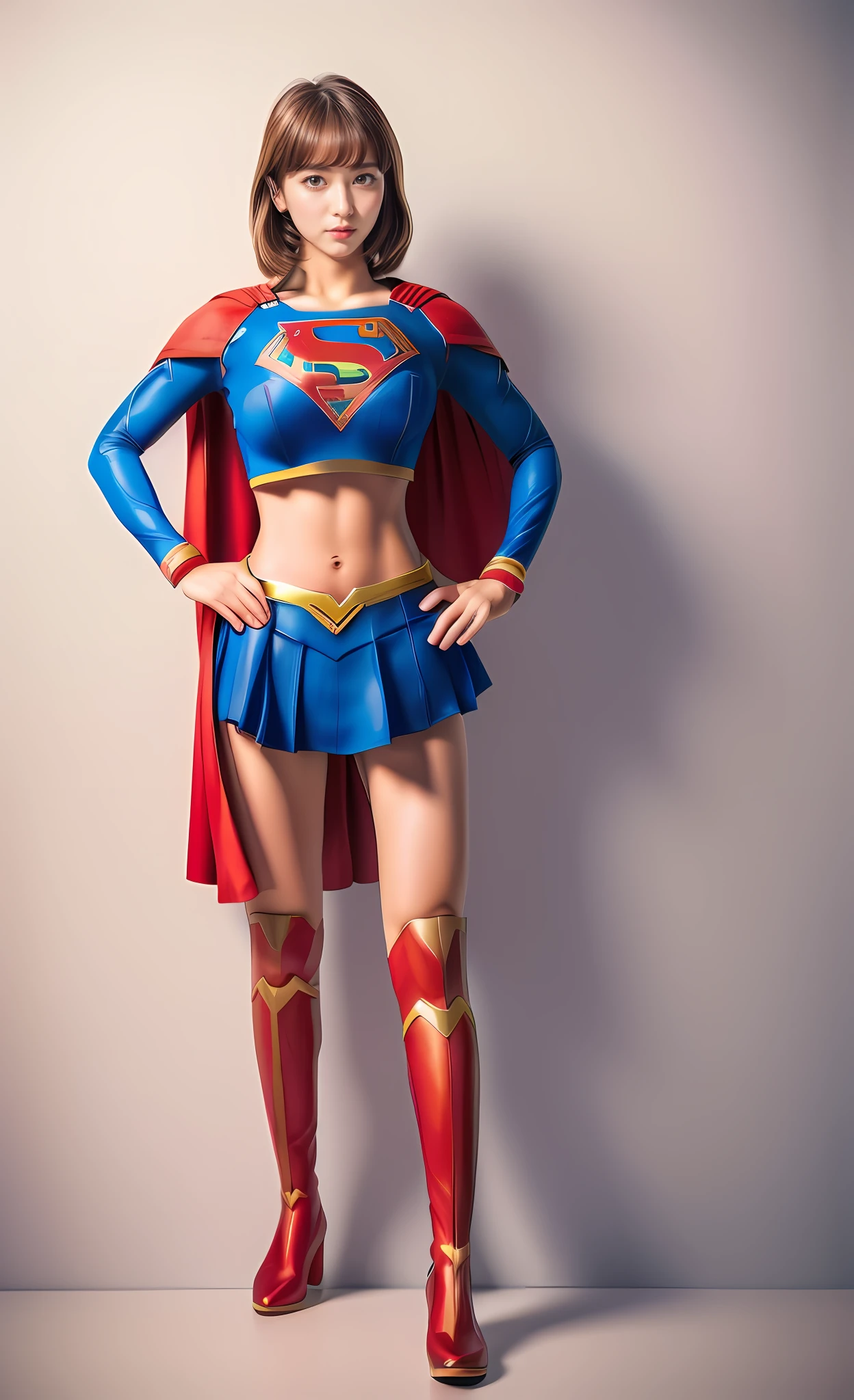((Supergirl Costume))、super girl、Bishoujo Warrior、((Body line enhancement))、8K、top-quality、Real Image、intricate detailes、ultra-detailliert、超A high resolution、Depth Field、(Photorealsitic、realisitic:1.2)、masterpiece、a photo of 1girl、super girl、((Use the original image))、((Red shoes below the knee))、Short-cut hairstyles、((Draw the fingers of the hand in detail))、((Put a little emphasis on your abs))、((a beauty girl))、((Good Style))