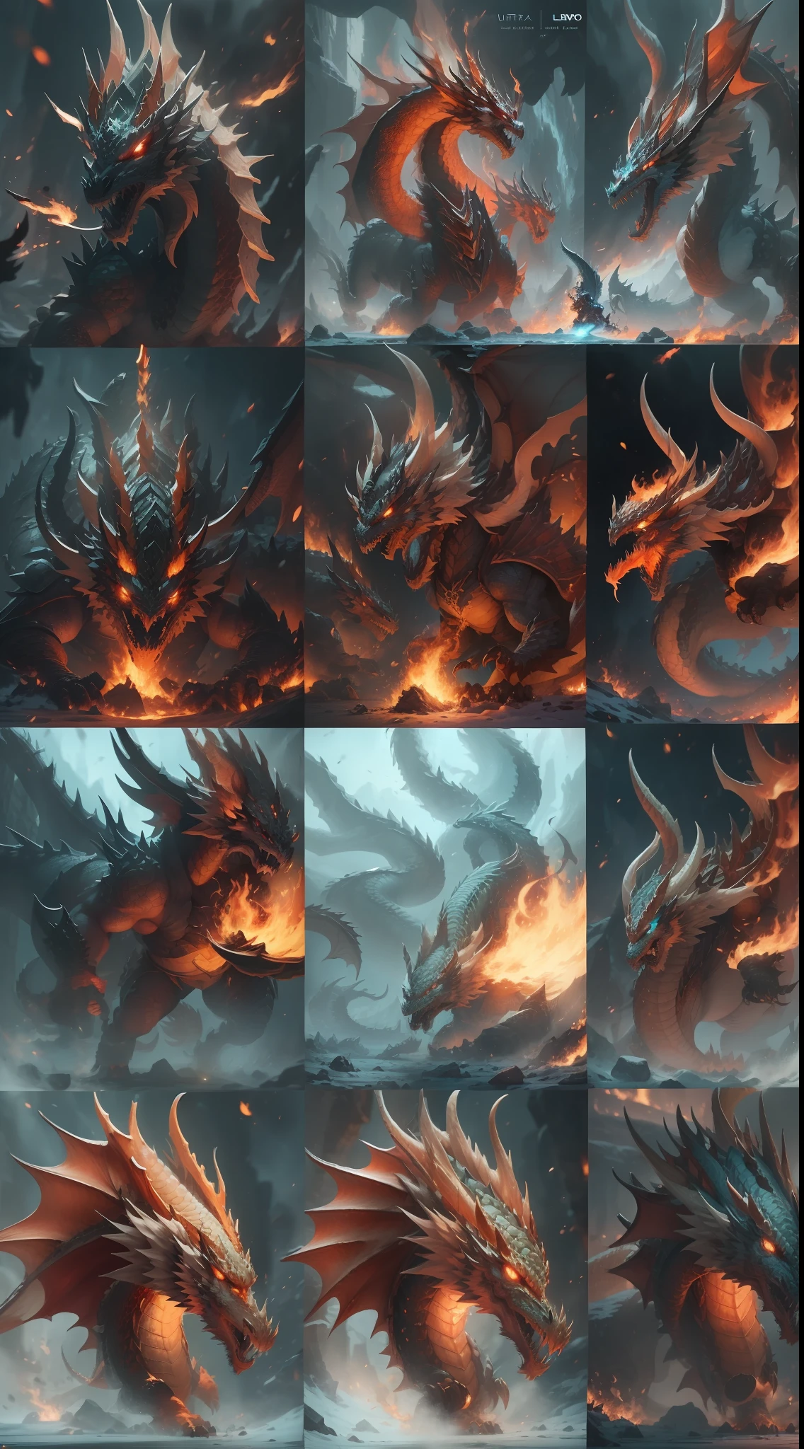 Cinematic light, detail-rich, Best picture quality, ultra-wide-angle，8K，uni，Fire dragons and ice dragons，faceoff，combats，ogre