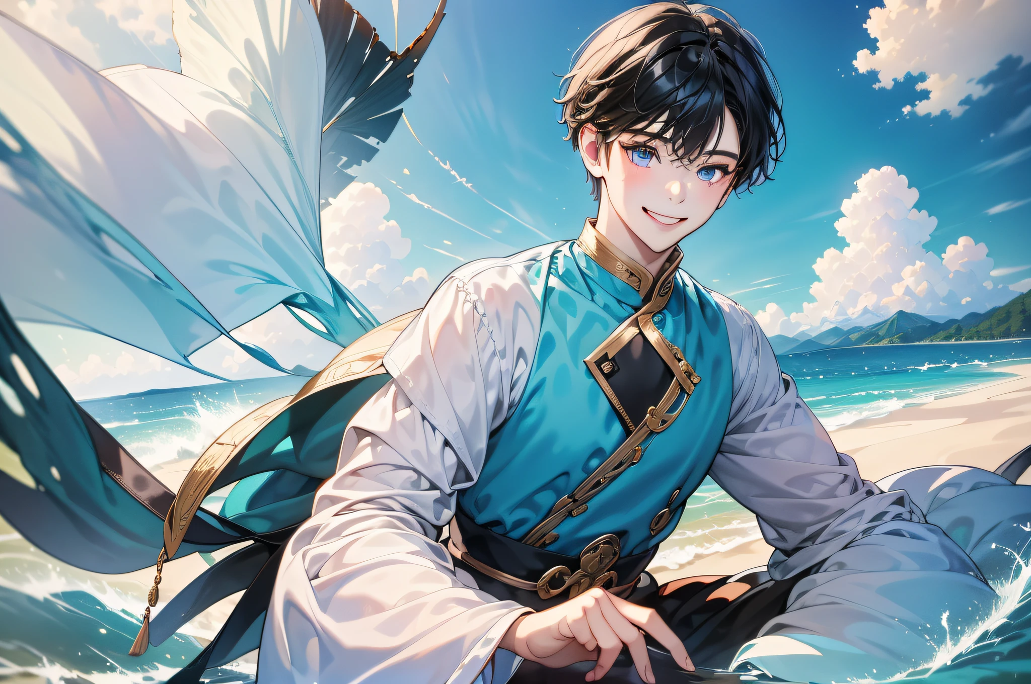 in 8K、top-quality、​masterpiece:1.2)、1人の女性、(Smiling smile:1.1)、beautidful eyes、Valley、The upper part of the body、length hair、Like a boy、poneyTail、Blue View、