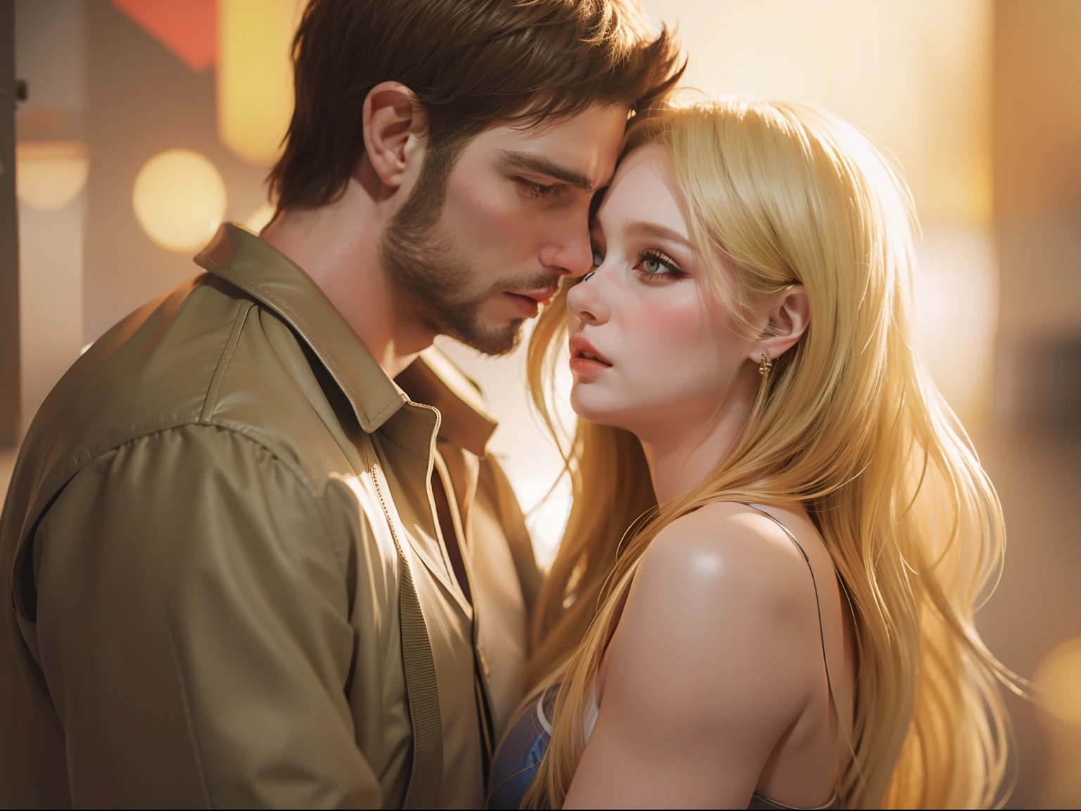 (( 30 years, big man short brown hair, tall ))with ((1woman blonde long hair)) art style guweiz , simple background , couple ,hot ,romance ,bokeh
