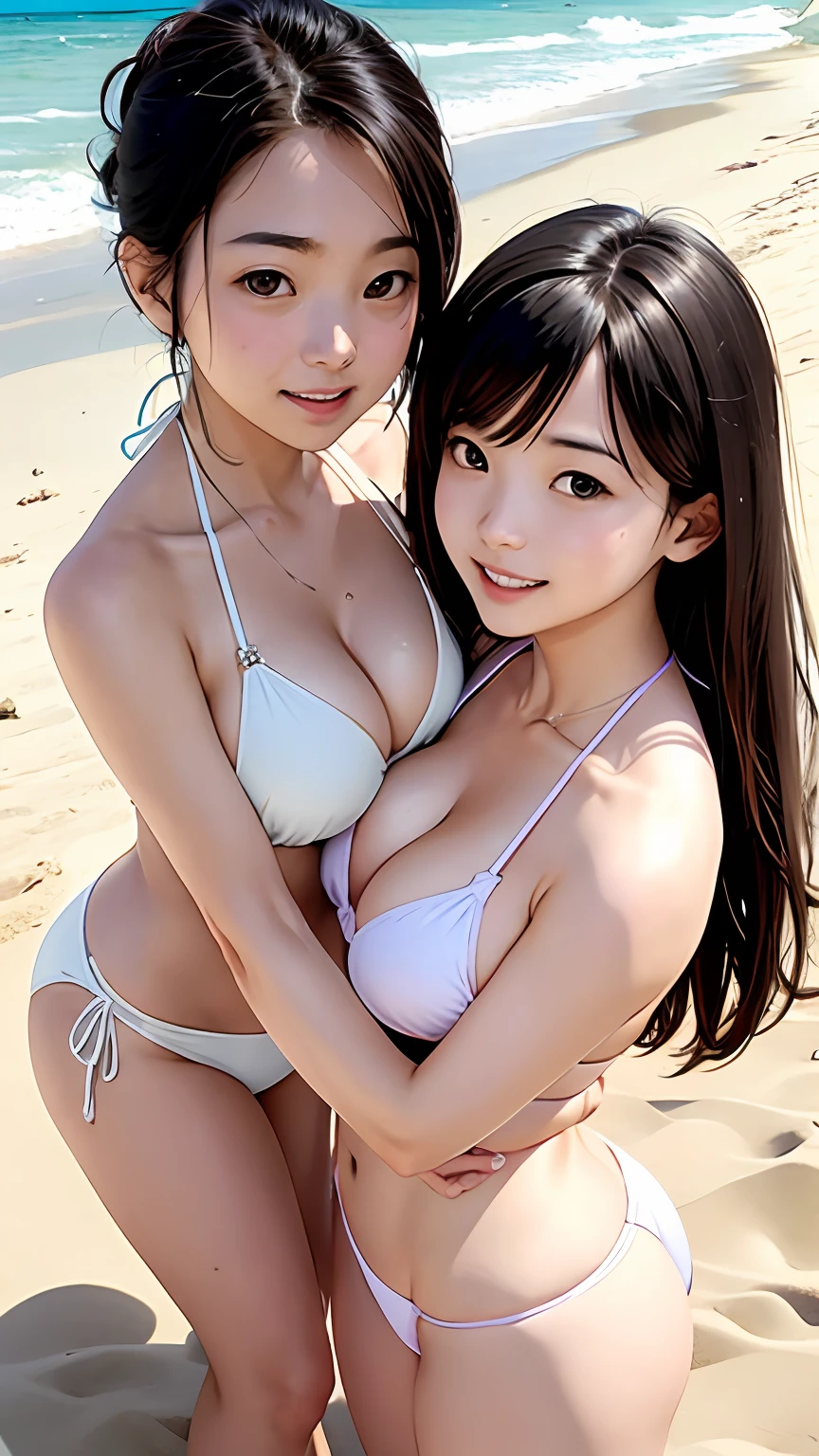 realisticlying,Two girls、21years old、The bikini、Snuggle up on the beach,Face Real.Breasts enlarged,Cleavage emphasis