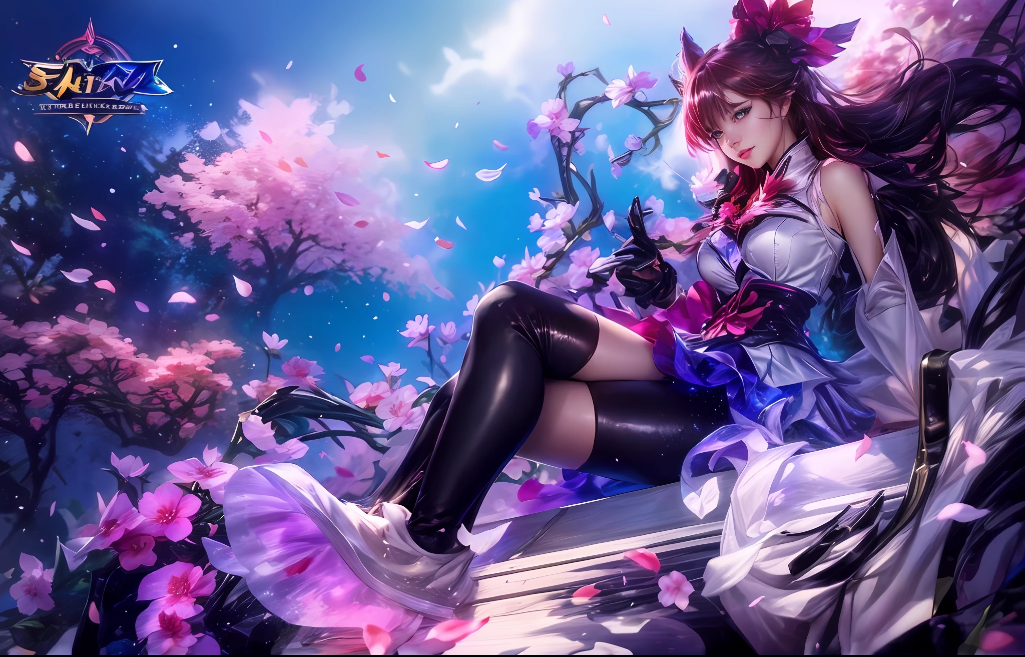 A woman sits on a bench，Close-up of a flower in his hand, sakura petals around her, Extremely detailed Artgerm, ahri, Katarina, Style Artgerm, Artgerm Plat, orianna, ! Dream art germ, IG model | Art germ, kda, Splash Art, Splash art anime Loli