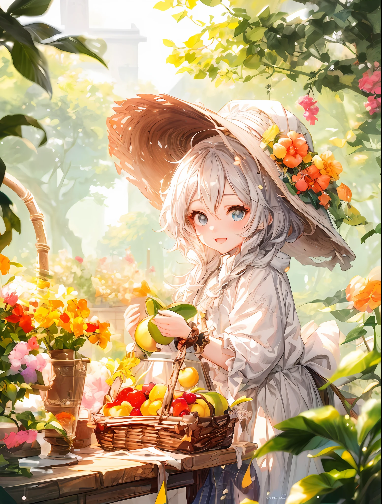 anime girl with a hat and a basket of fruit, guweiz on pixiv artstation, official artwork, guweiz on artstation pixiv, artwork in the style of guweiz, high detailed official artwork, loli, guweiz, official art, splash art anime loli, detailed fanart, in the garden