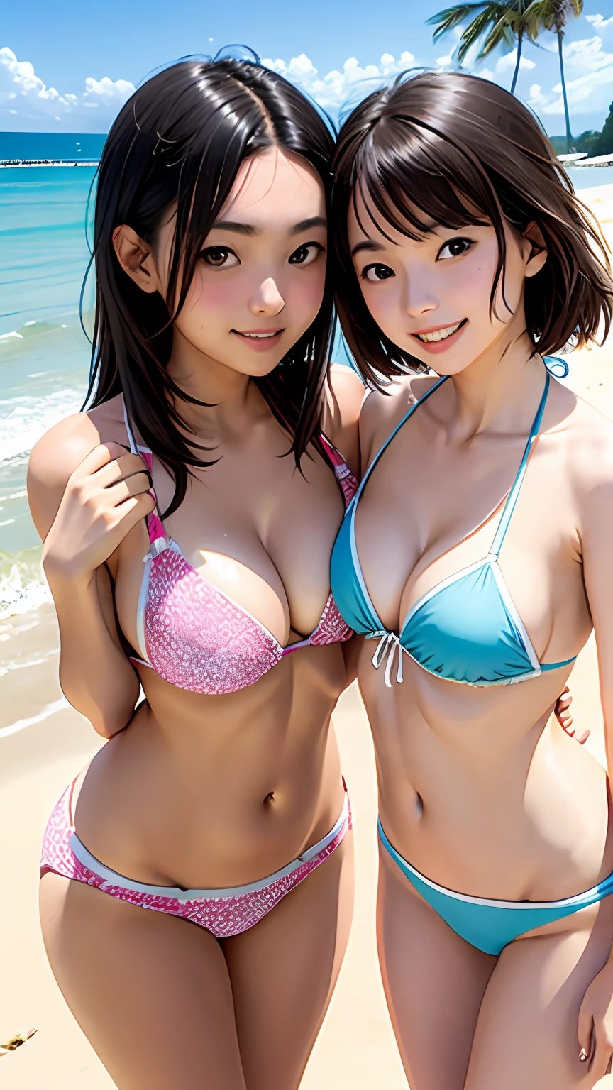 realisticlying,Two girls、21years old、The bikini、Snuggle up on the beach,Face Real.Breasts enlarged,Cleavage emphasis