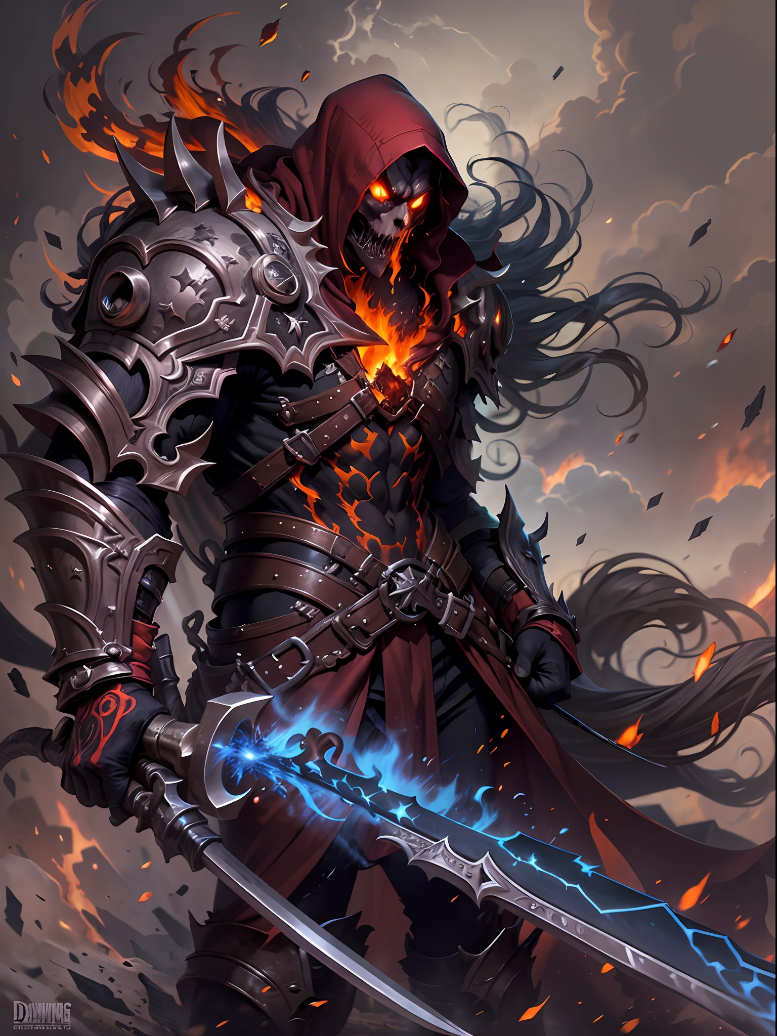 Hombre grande,marcas y simbolos por el cuerpo,pelo largo y lanco,capucha roja,Espada gigante de almas en pena,oscuro,almas,guantes demoniacos,armadura masiba,armadura de almas en pena,demonio, Fuego, caballo infernal de fuego y lava,ojos rojos,ojos azules brillante, infierno, apocalyptic,fin del mundo, Lado oscuro,ruina, guerra, Darksiders , ERA (Darksiders), obra dearte,guerrero,enviado del infierno,Horseman of the Apocalypse,muerte,sangre,destruccion,hambre,lucha,furia,ciudad debastada,edificios en ruinas,calles destruidas,pobo y particulas en el aire,muchas victimas alrededor,demonios muertos,demonios descuarisados y sangrando,espada clabada,espada enterrada,espada con sangre,mirada aterradora,misterio