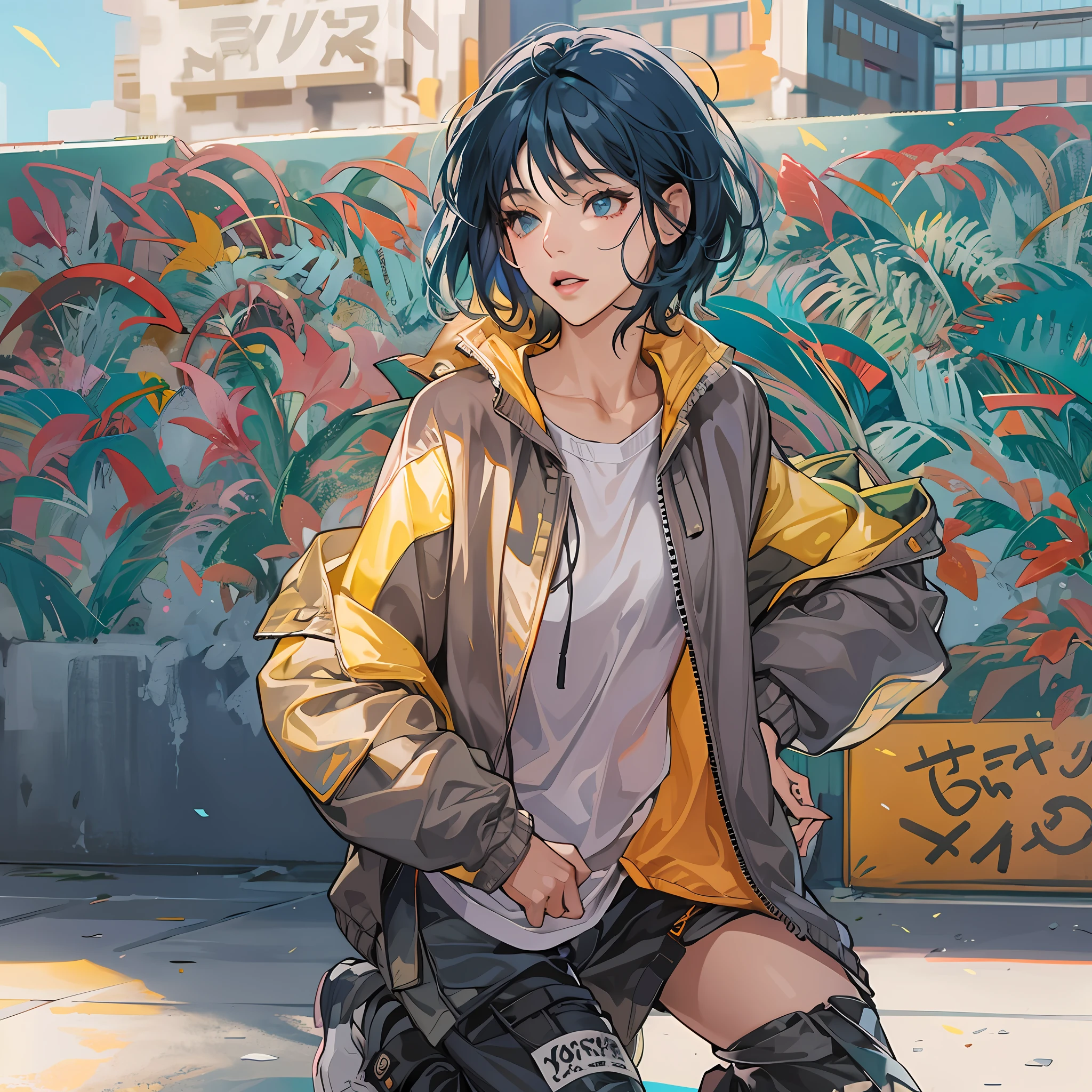 Req:[masterpiece, high resolution, extremely detailed, anime_style, CG, A beautiful woman short dark blue hair,tall height,perky mid sized breast,seductive face looking,(wearing oversize windbreaker jacket),cargo pants,nsfw,full body shot,skatepark setting,sunny lighting,bright colours