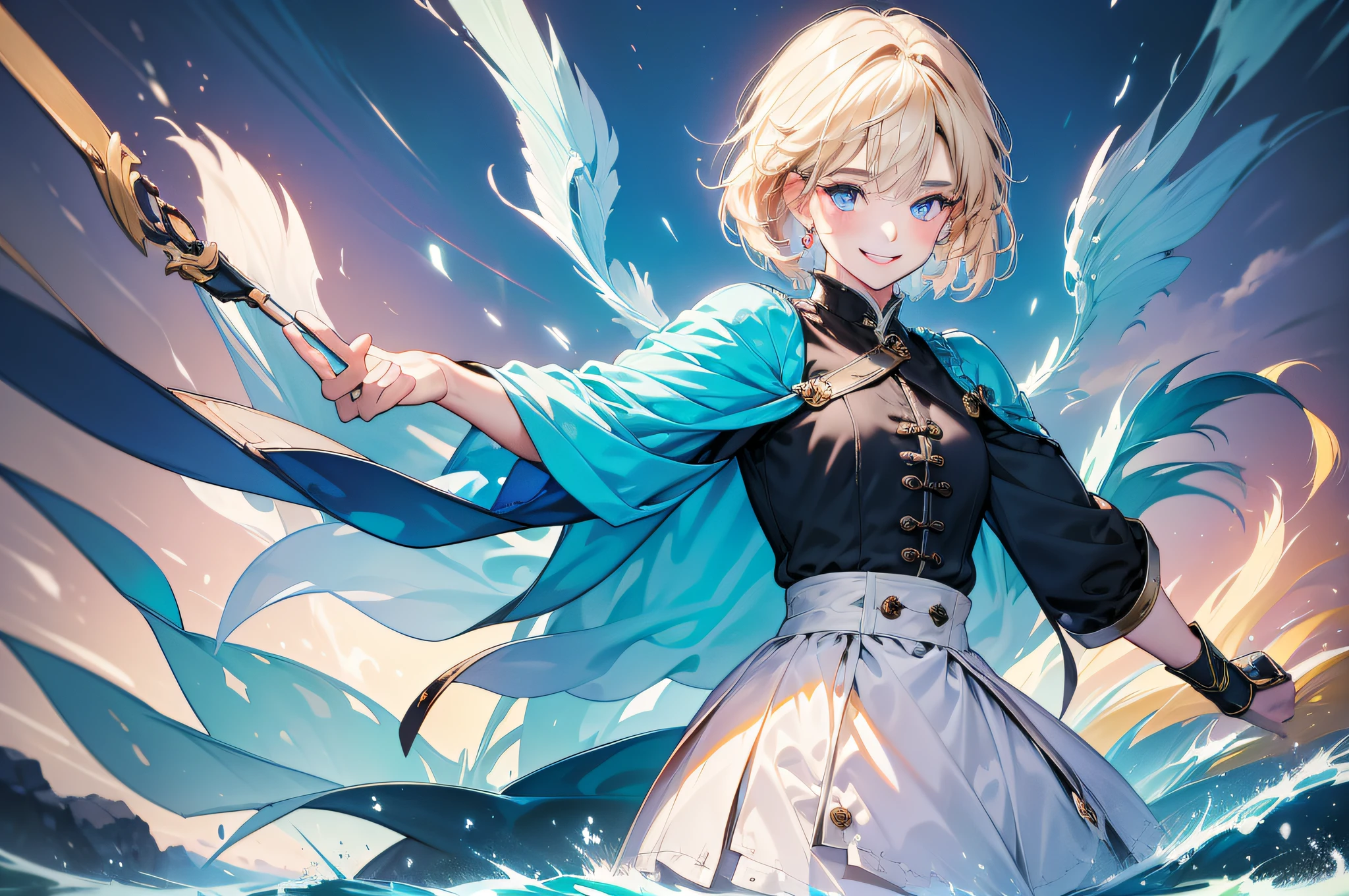 in 8K、top-quality、masterpiece:1.2)、1人の女性、(Smiling smile:1.1)、beautidful eyes、Valley、The upper part of the body、length hair、Like a boy、poneyTail、Blue View、