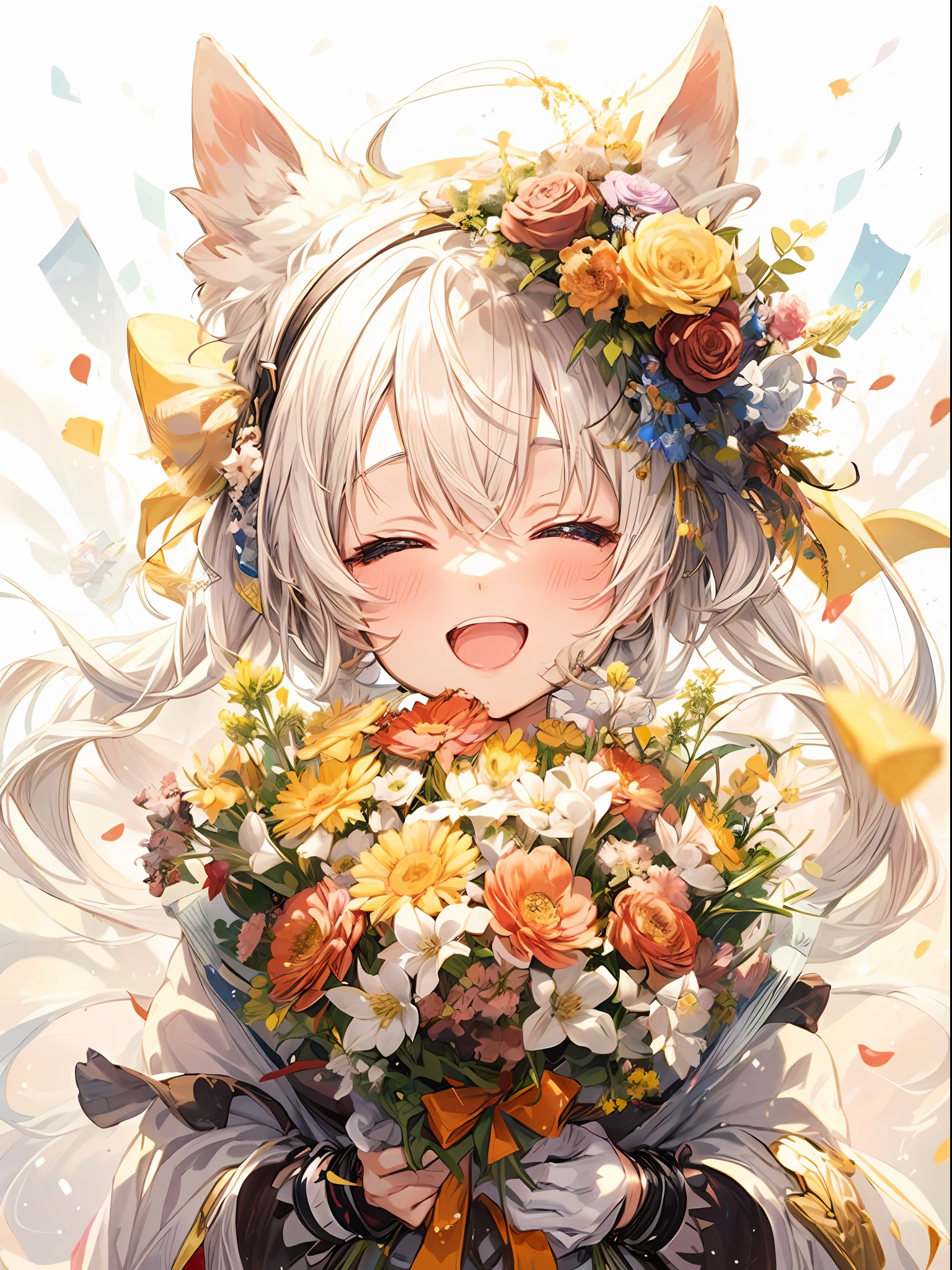 anime girl with a bouquet of flowers in her hand, pixiv contest winner, anime visual of a cute girl, happy and spirited expression, kawacy, top rated on pixiv, from arknights, official anime artwork, trending on artstation pixiv, guweiz on pixiv artstation, wrapped in flowers, made of flowers, guweiz