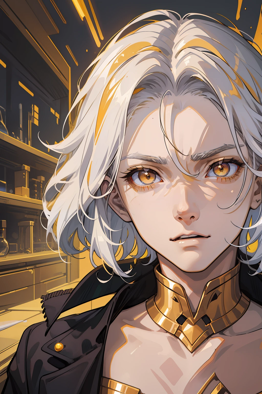 Young guy, Thin body, Scientist. white colored hair, Average length, tousled hair. Amber-colored eyes. Golden glow of the eyes. pale skin, Skin like a dead man's. sharp facial features, Without bristles. pronounced cheekbones. Conducts experiments in the laboratory. Dark Fantasy. Detailed background, Detailed image, Detail Eyes. deranged look. mockery. Yellow eyes. Evil Look. explosion.