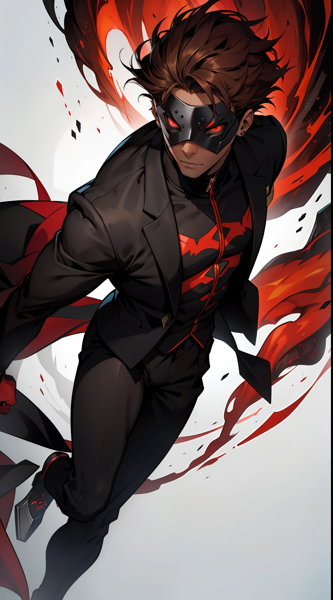 a black skin humanoid monster wearing a black suit with red details using a noble half eye mask, short brown hair, aura with vine color