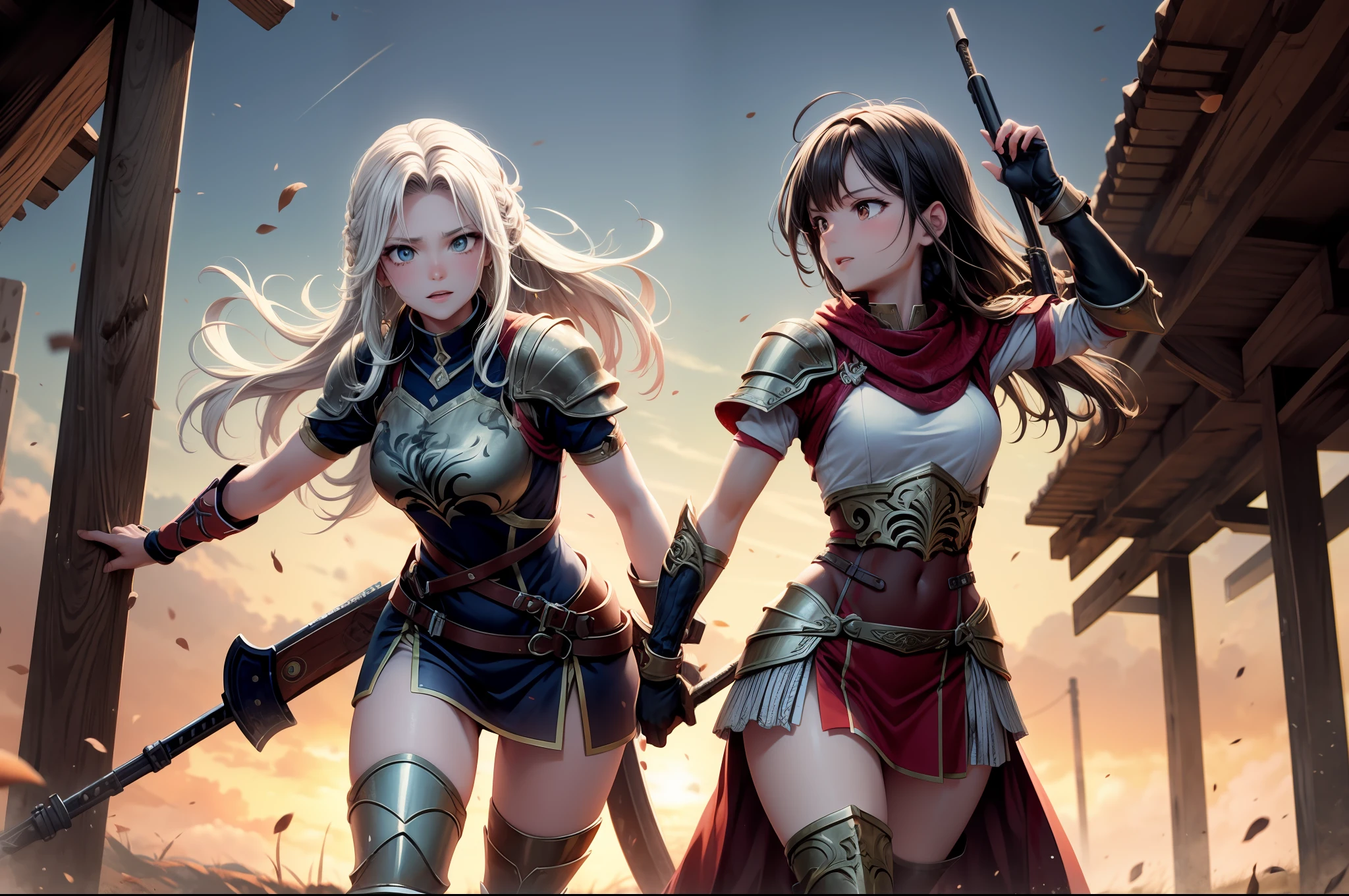primer plano. Una foto de dos gladiadoras muy bellas y atractivas, usando varias piezas de armadura y levantando los brazos con el arma hacia arriba ((best quality))