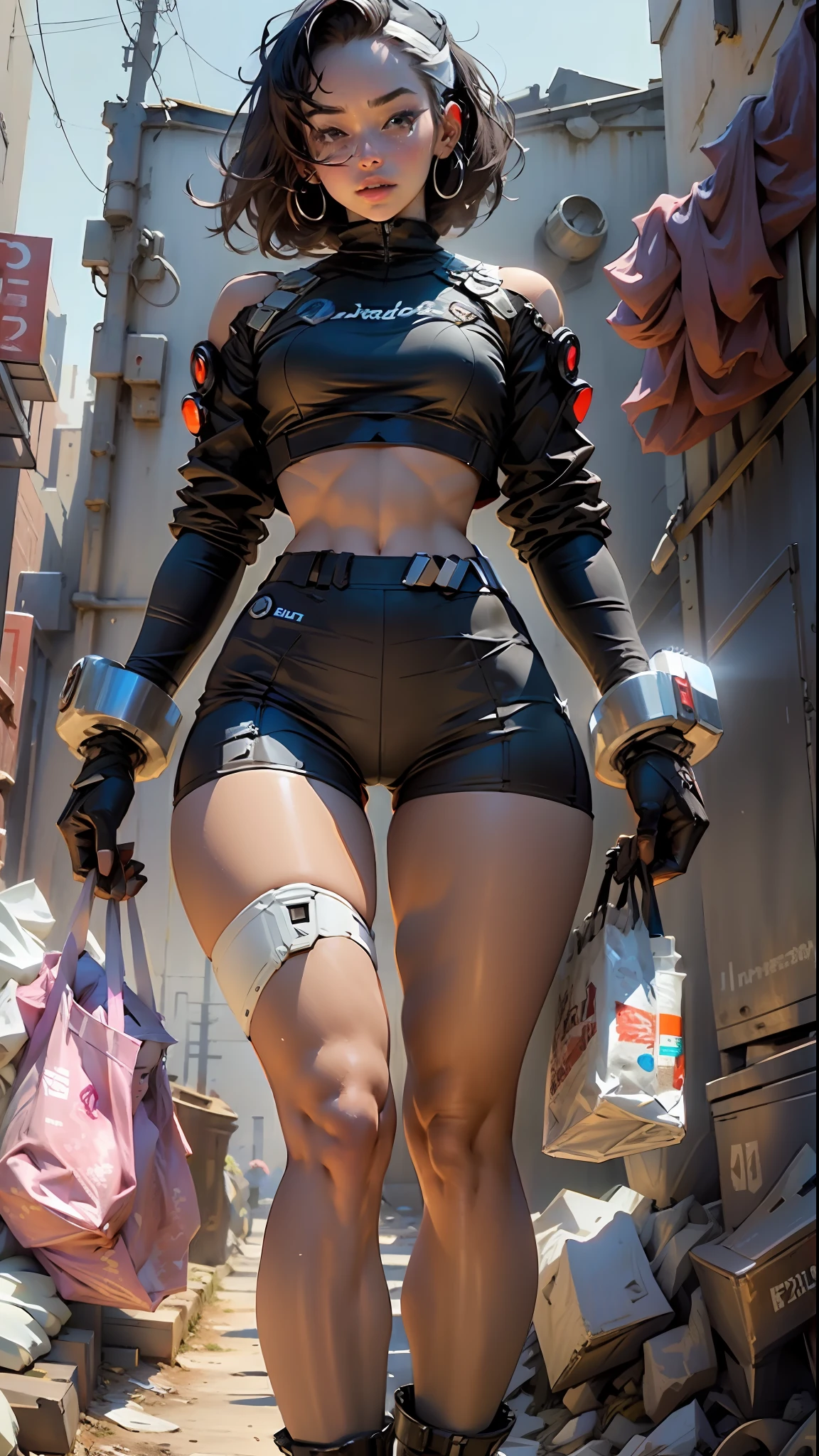 Woman body defined thick thighs cybernetic body parts, short underwear