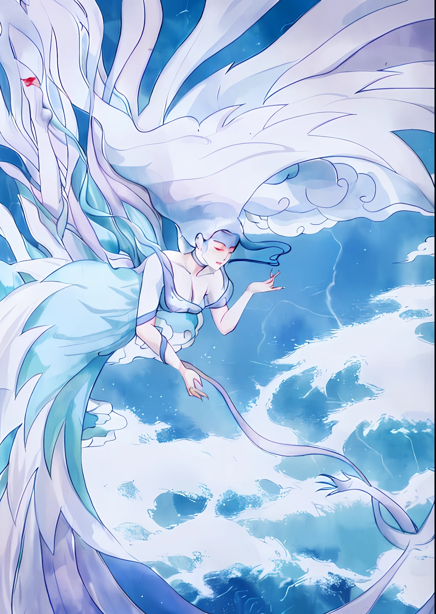 There was a woman flying through the air with a bird on her back, a beautiful kitsune woman, A beautiful artwork illustration, in the art style of ukiyo - e, Anime fantasy illustration, anime graphic illustration, ''wallpaper of a phoenix resting, inspired by Yun-Fei Ji, She has the head of a phoenix, Dragon girl, Akira in Chinese mythology