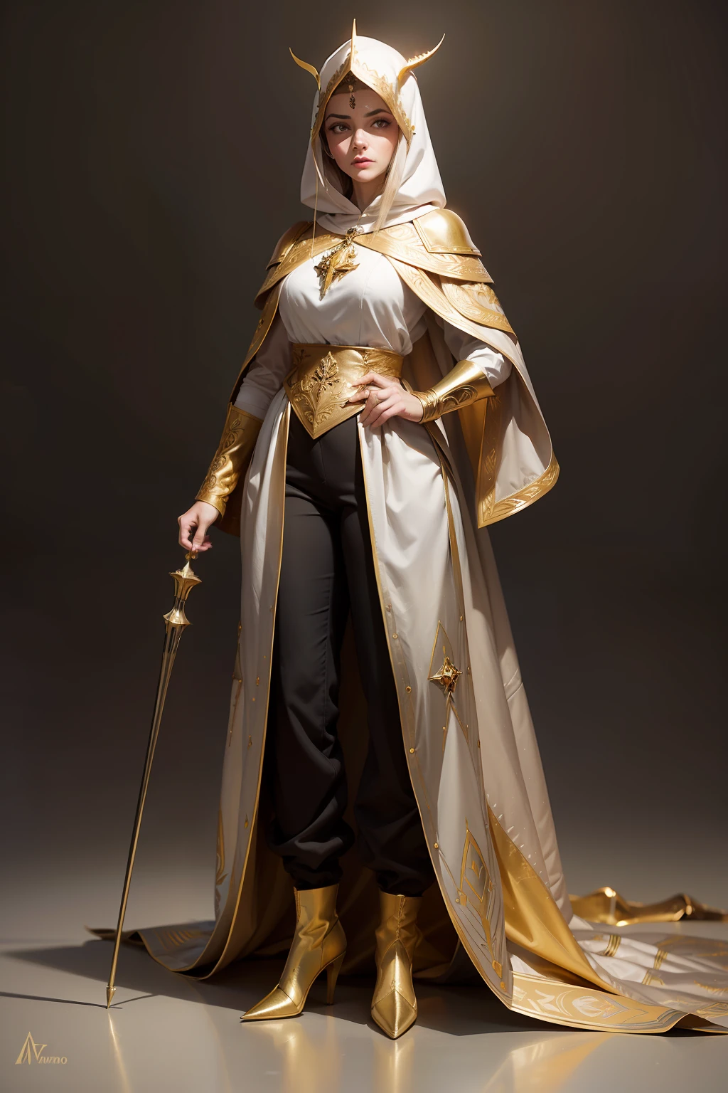 realista, mulher 60 anos, mulher idosa, manto medieval dourado com detalhes brancos, armadura dourada, armadura medieval, Pointed hood on head, corpo todo, pants, botas, sem fundo
