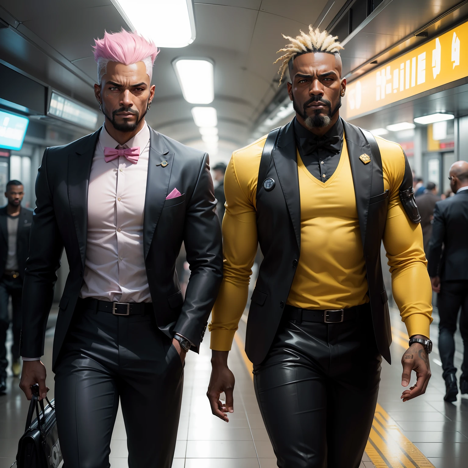 gostaria de uma imagem estilo cyberpunk em 4k de 3 personagens de mais ou menos 40 anos ,portanto,portanto,africano, forte, musculoso de pele negra ,barba grande,barba, Estiloso Barbon,com cabelo punk estilo anos 80 na cor amarelo e cinza escuro,muito eLegante,, futurista e estiloso neon , com uma tatuagem super colorida e com neon ,Toattoo, facing a metro station on the platform , with station lights failing in a dimly lit environment, standing dressed in a dark yellow suit with a pink bow tie and baggy shirt.