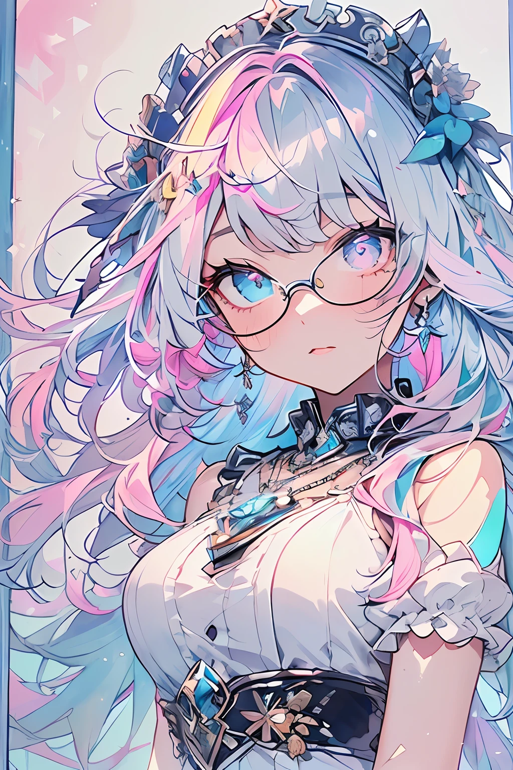 ((​masterpiece、top-quality、Watercolor art(Pendants)、Official art、Beautifully Aesthetic:1.2))、(1girl in:1.3)、(Fractal Art:1.3)、full body Esbian、((Glitter pupils))、patterns、((rainbow-colored hair、colourful hair、Half blue and half pink hair:1.2))、colourfull、(Silver-rimmed glasses)、Writing、heterochromia iridis、(colourfull:1.5)、(maid clothes)、((Shy face))、((maikurobikini))、(Standing)、(Hyper-detailing), ((delicate detail)), (intricate detailes), ((ciinematic light, best quality backlight)), highcontrast, ((The best lighting, extremely delicate and beautiful)), ((ciinematic light))、(ray trace reflection、brilliance)、((glowing aura))、((Radiant hair))、((The ultra-detailliert))、((8K))、((Western-style house))