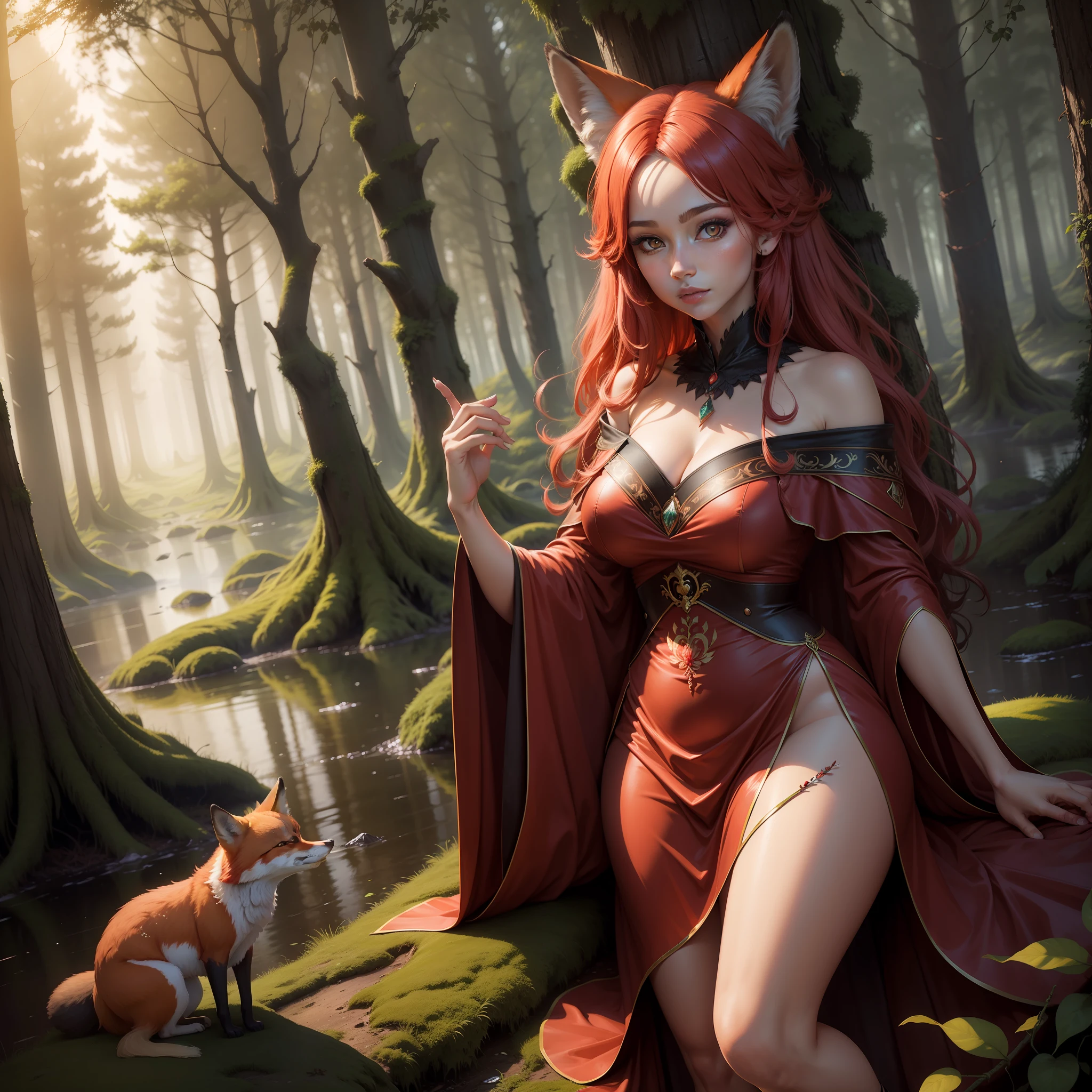 Stunning high-quality image about a beautiful red fox woman in a magical forest