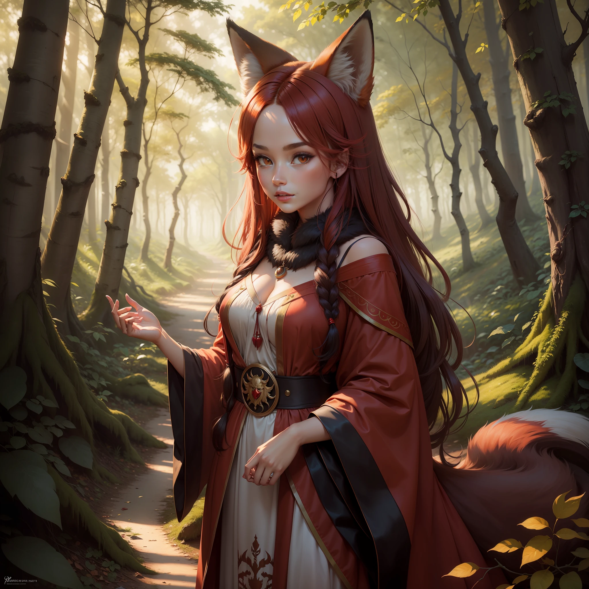 Stunning high-quality image about a beautiful red fox woman in a magical forest