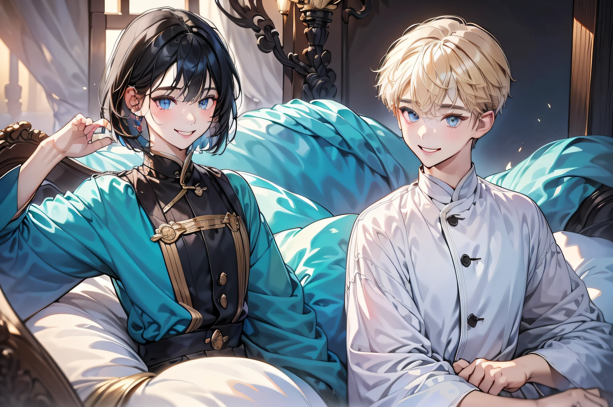 in 8K、top-quality、​masterpiece:1.2)、1人の女性、(Smiling smile:1.1)、beautidful eyes、Valley、The upper part of the body、length hair、Like a boy、poneyTail、Blue View、