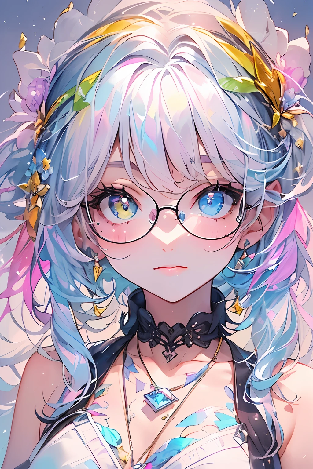 ((​masterpiece、top-quality、Watercolor art(Pendants)、Official art、Beautifully Aesthetic:1.2))、(1girl in:1.3)、(Fractal Art:1.3)、full body Esbian、((Glitter pupils))、patterns、((rainbow-colored hair、colourful hair、Half blue and half pink hair:1.2))、colourfull、(Silver-rimmed glasses)、Writing、heterochromia iridis、(colourfull:1.5)、(maid clothes)、((Shy face))、((maikurobikini))、(Standing)、(Hyper-detailing), ((delicate detail)), (intricate detailes), ((ciinematic light, best quality backlight)), highcontrast, ((The best lighting, extremely delicate and beautiful)), ((ciinematic light))、(ray trace reflection、brilliance)、((glowing aura))、((Radiant hair))、((The ultra-detailliert))、((8K))