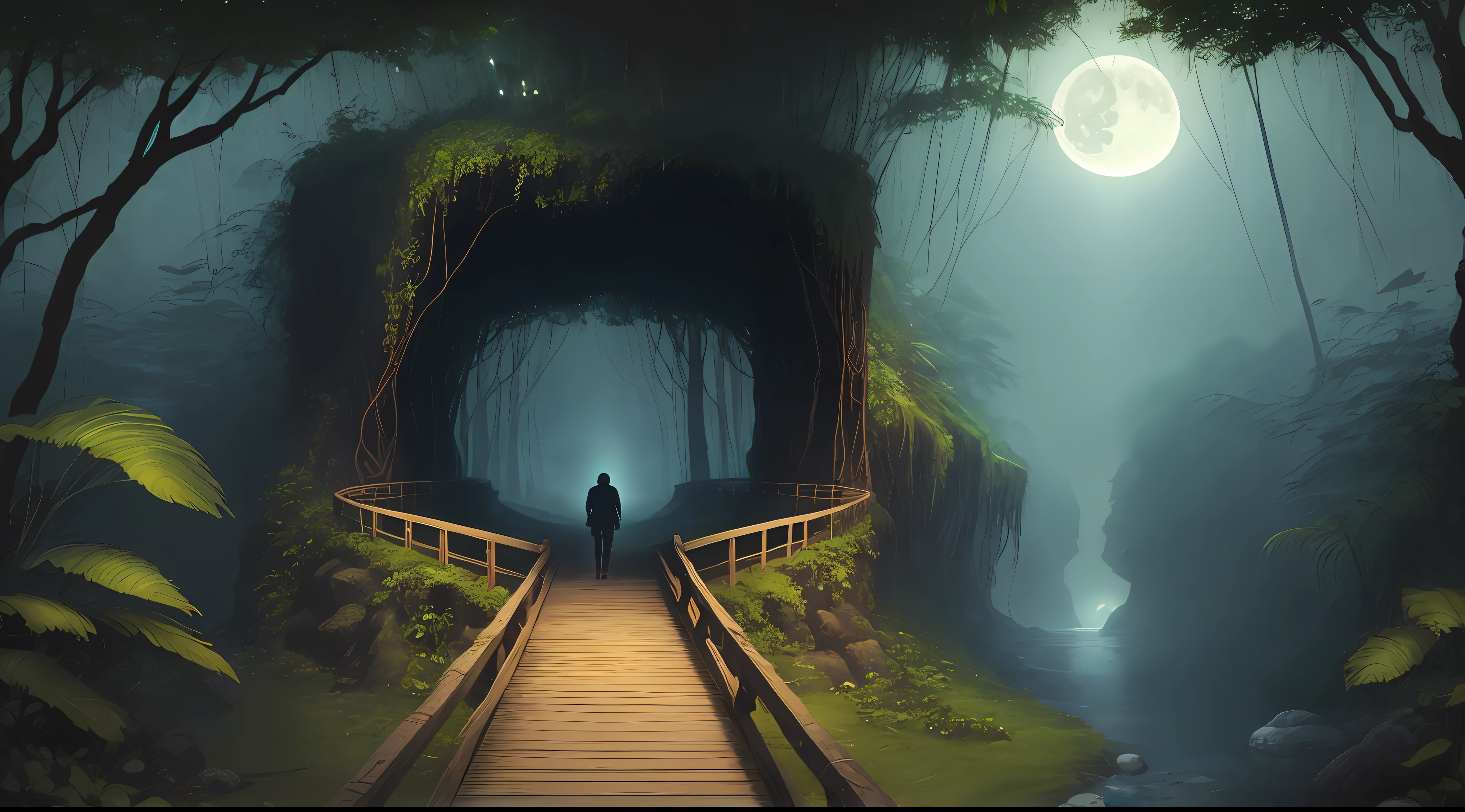 A bridge between a jungle and moon and a dark person walk on that