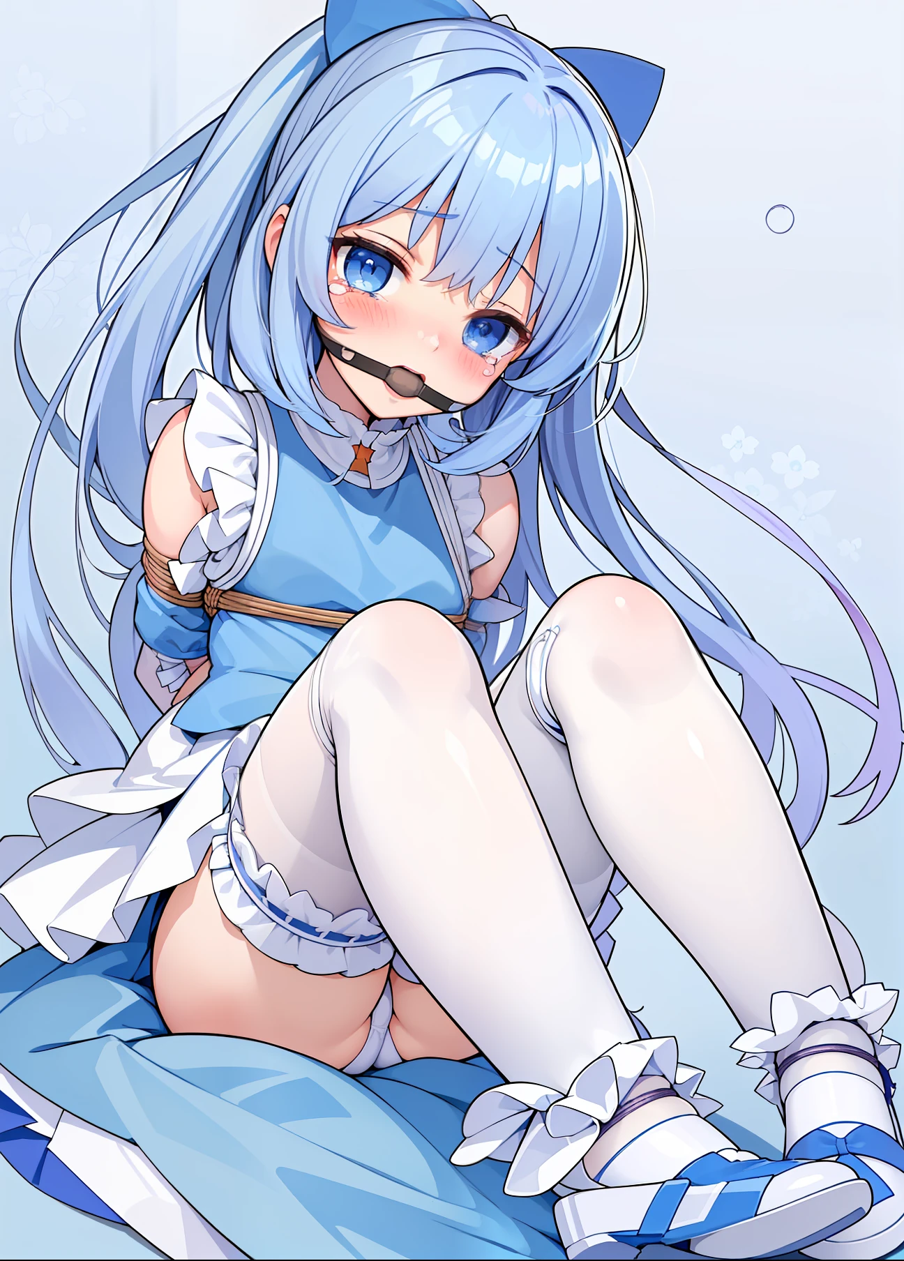 Masterpiece, Best quality,((Loli)),((Little girl)),(((kafuu chino))),Blue eyes,((Blush)), ((Tears)), ((Shy)),((gag)),((frilled legwear)),((white pantyhose)), shoes((((Mary Janes)))),((((Arms_Behind_back)))),((Bondage)),((shibari)),wears_Masturbation, Rape, about_To_Sam_Raped, be  pregnant,