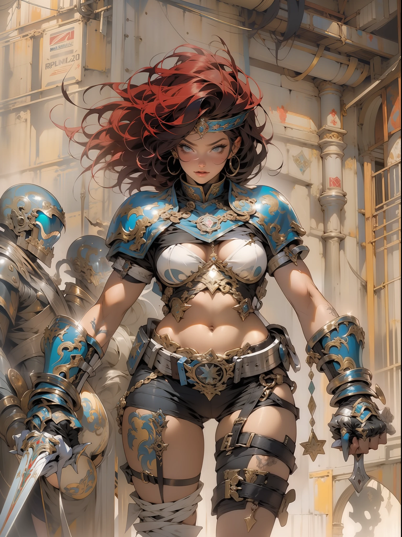 (((mulher))), (((melhor qualidade))), (((obra prima))), (((adulta))), Uma guerreira mulher de 35 anos com corpo perfeito, Brooklyn Gladiators, hand with steel gloves and metal tips, (( under boobs )), quase nua no estilo selvagem urbano de Simon Bisley para a capa da revista Heavy Metal, cabelo loiro, Minimum clothing, armadura (azul escuro com estrelas brancas e vermelho com listras brancas), cheio de pontas e rebites manchadas de tinta, tatuagem de estrelas de 5 pontas, (((corpo inteiro))), cabelo preto curto com franja branca cobrindo a testa
