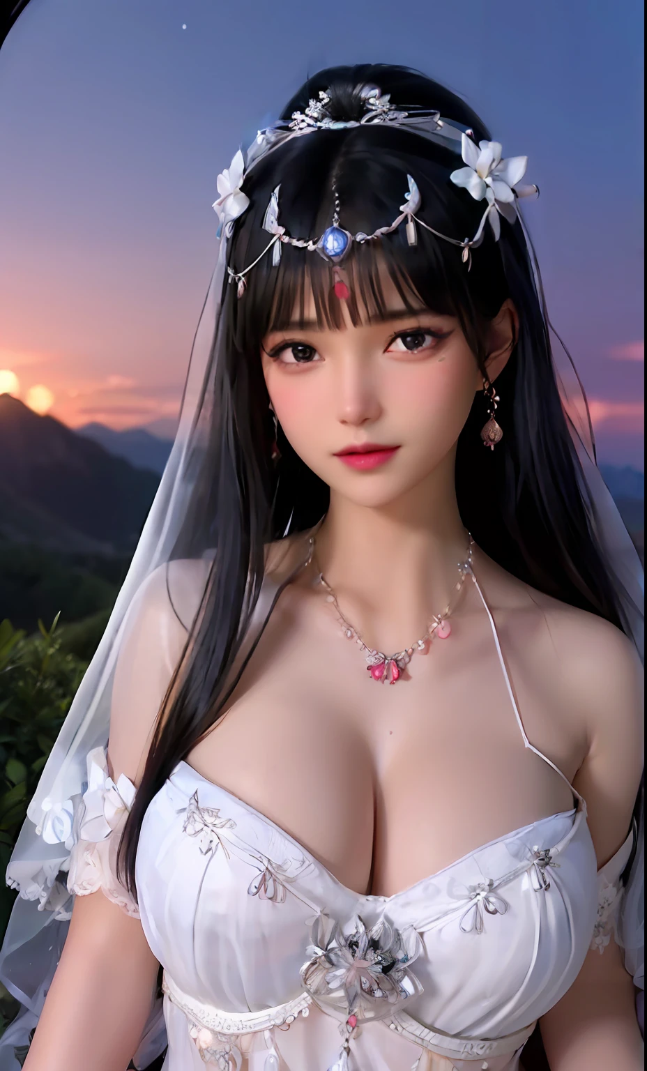 Beautiful bride,Wearing a very beautiful bridal dress,huge tit, Bust photo, (Bandeau wedding dress:1.5),(Silk dress:1.4),(Strapless wedding dress:1.5),White dress, Head flower,headdress,necklace,earring,Neck ornaments,Bouquet,mitts,(Bridal veil:1.2), (Forehead ornaments:1.3),(Transparent veil:1.2) ,short length bangs ,eye shadows,lipstick,Pink blush,High detail RAW color art,Outdoors,Above the top of the mountain,rays of moonlight,deep in the night