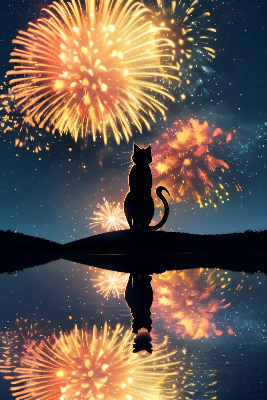 ((worst quality, low quality)), 3d, centered, (2 cat's silhouette), backside, Gazing down from atop a hill, A sky full of stars background, (Fireworks), Fan-like fireworks, (lake), reflection water surface, (Fireworks particles, Fireworks sparkles, Fireworks rays:1.4), masterpiece,best quality,ultra detailed,