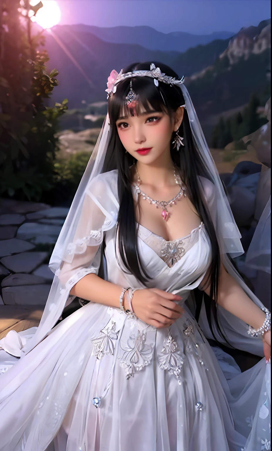 Beautiful bride,Wearing a very beautiful bridal dress,huge tit, Bust photo, (Bandeau wedding dress:1.5),(Silk dress:1.4),(Strapless wedding dress:1.5),White dress, Head flower,headdress,necklace,earring,Neck ornaments,Bouquet,mitts,(Bridal veil:1.2), (Forehead ornaments:1.3),(Transparent veil:1.2) ,short length bangs ,eye shadows,lipstick,Pink blush,High detail RAW color art,Outdoors,Above the top of the mountain,rays of moonlight,deep in the night