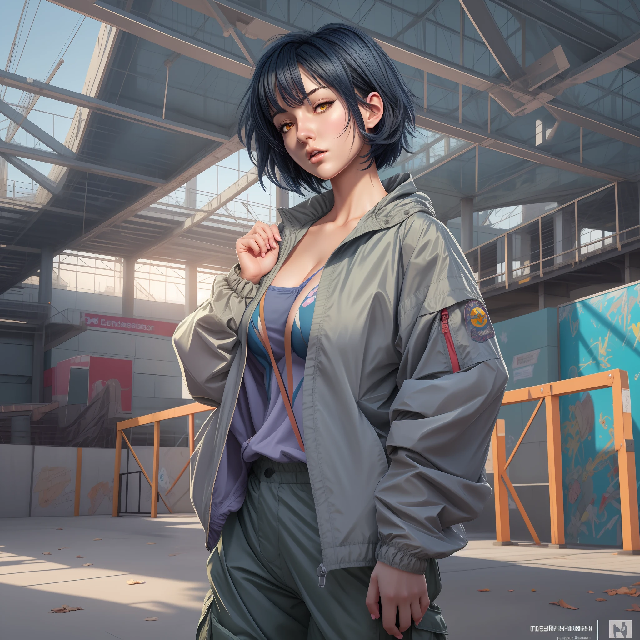 Req:[masterpiece, high resolution, extremely detailed, anime_style, CG, A beautiful woman short dark blue hair,tall height,perky mid sized breast,seductive face looking,(wearing oversize windbreaker jacket),cargo pants,nsfw,full body shot,skatepark setting,sunny lighting,bright colours