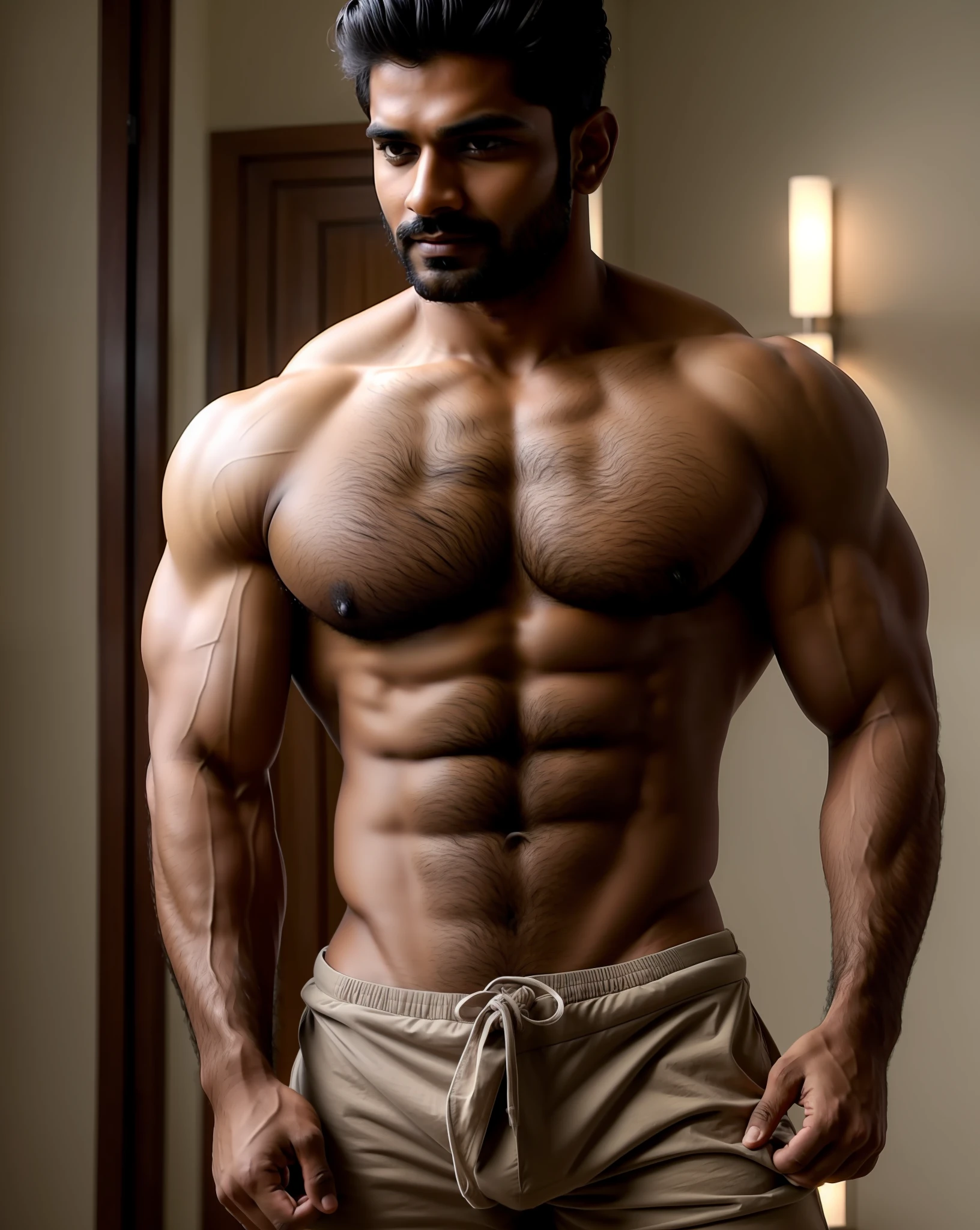 Indian sexy men having a sexy muscular body,8k , ultra realistic real body hairy chest,low west underwear, show his under hair