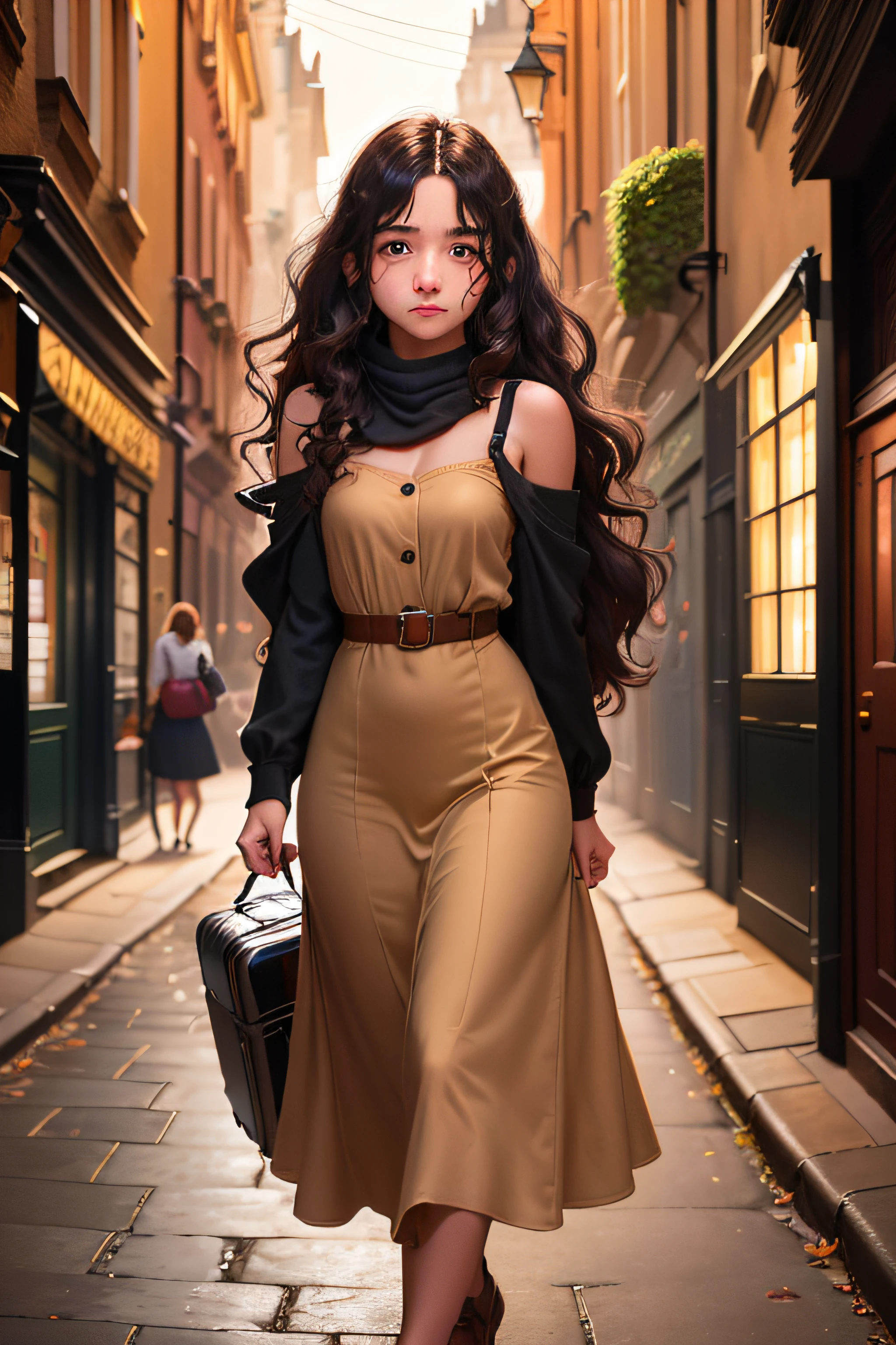 A teenage girl with shoulder-length black wavy hair, wearing a modest brown dress and holding a small suitcase, walking alone down a narrow, cobblestone street in 1930's London. The street is dark and deserted except for the girl. She looks ahead towards Big Ben and the city lights with a hopeful expression, ready to start her new life