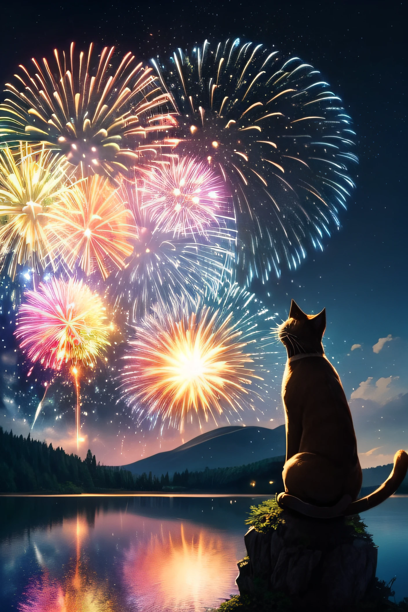 ((worst quality, low quality)), 3d, centered, (2 cat's silhouette), Gazing down from atop a hill, A sky full of stars background, (Fireworks), Fan-like fireworks, (lake), reflection water surface, (Fireworks particles, Fireworks sparkles, Fireworks rays:1.4), masterpiece,best quality,ultra detailed,