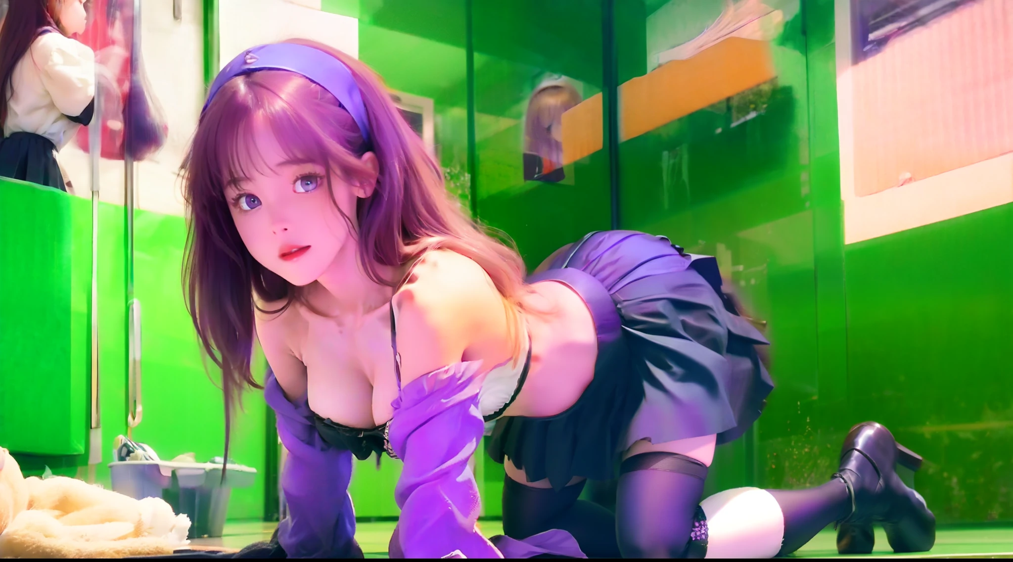 1girll,, Exposed flesh,long whitr hair, with hair dishevelled,Purple eyes, Bandeau, 36d,kneehighs,Ragged stockings, Tear the skirt, Black skirt, Kneel on all fours,I want to cry,Grabbed chest,In the toilet