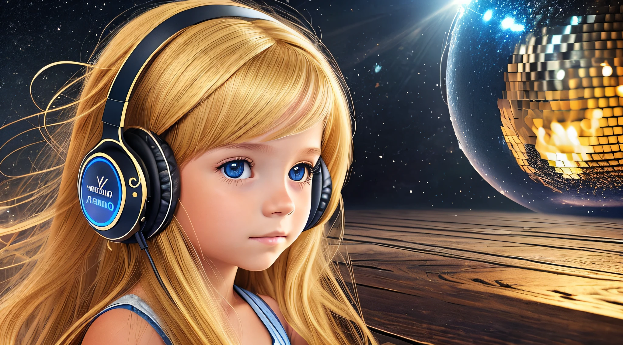 CHILD BLONDE LONG HAIR USING a headphone , fire, segurando uma disco ball